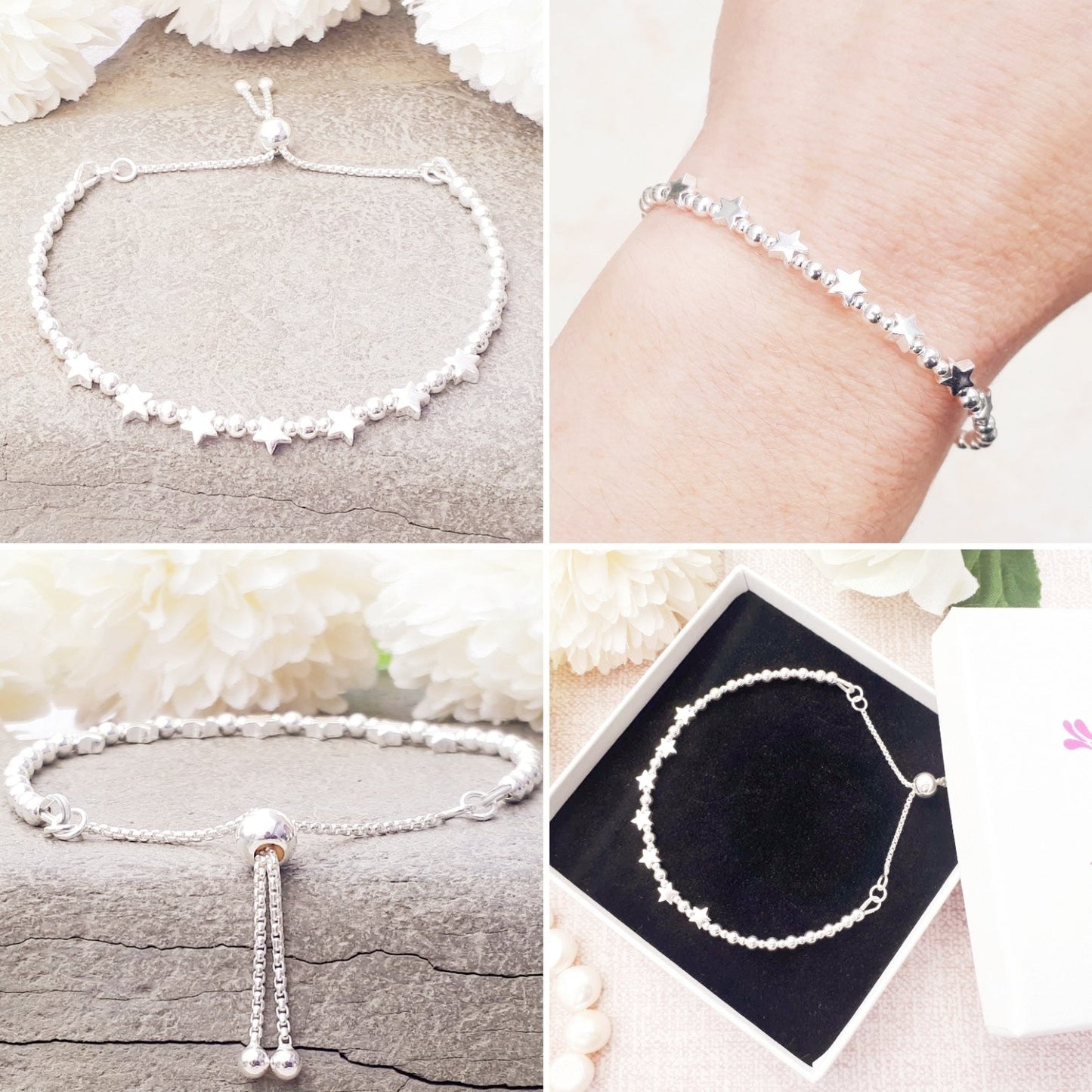 70th birthday bracelet. 70th birthday gift. Sterling silver star bracelet with slider clasp.