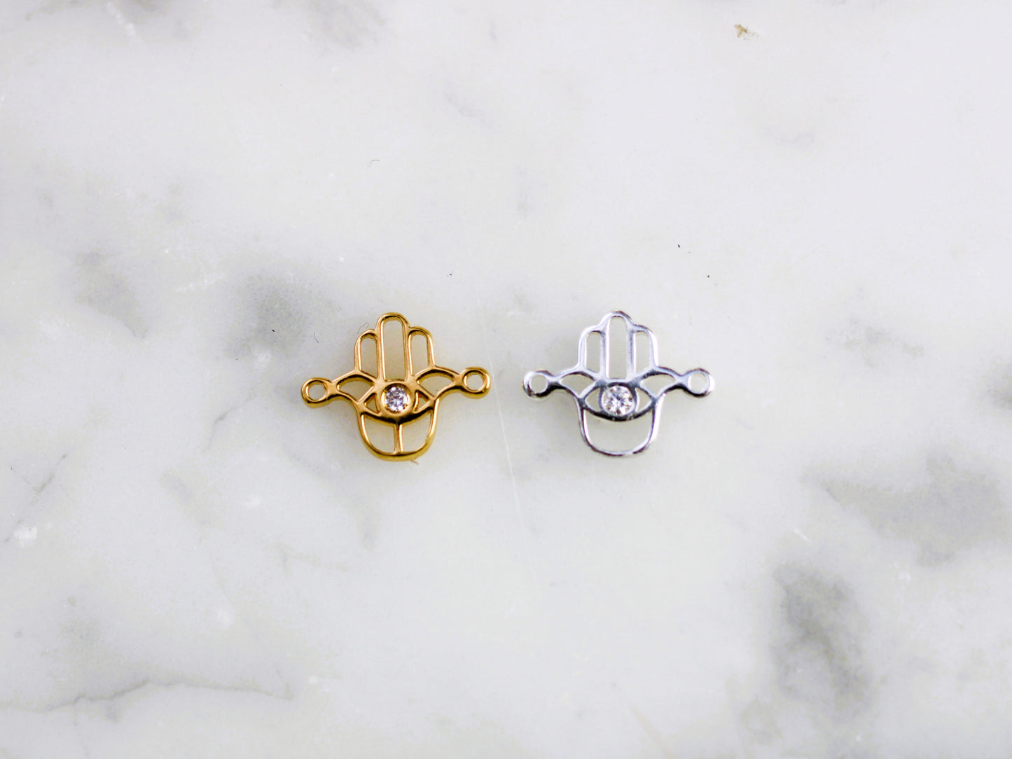 Hamsa connector in sterling silver and gold filled.