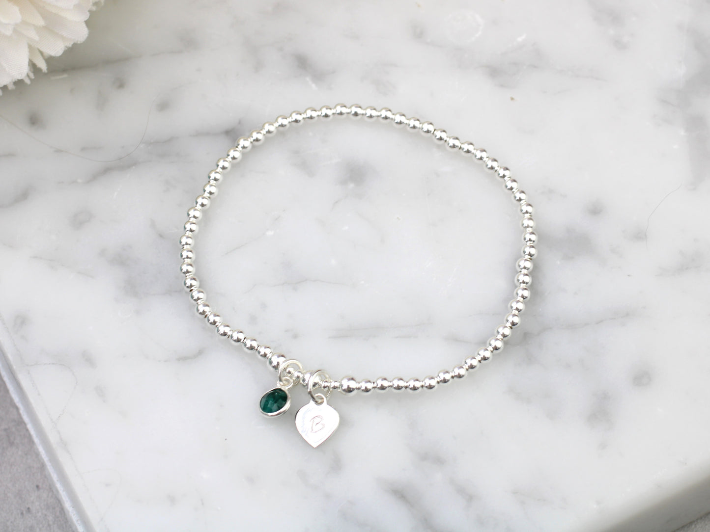 Emerald initial bracelet. May birthstone bracelet.