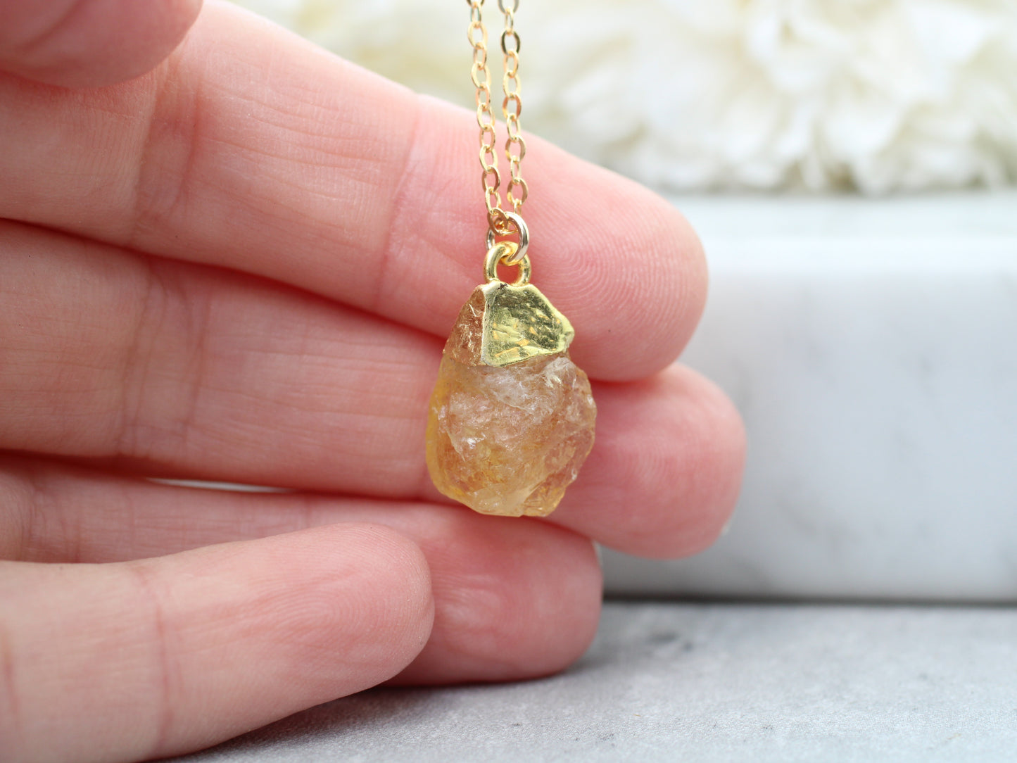 Raw citrine necklace in gold. November birthstone.
