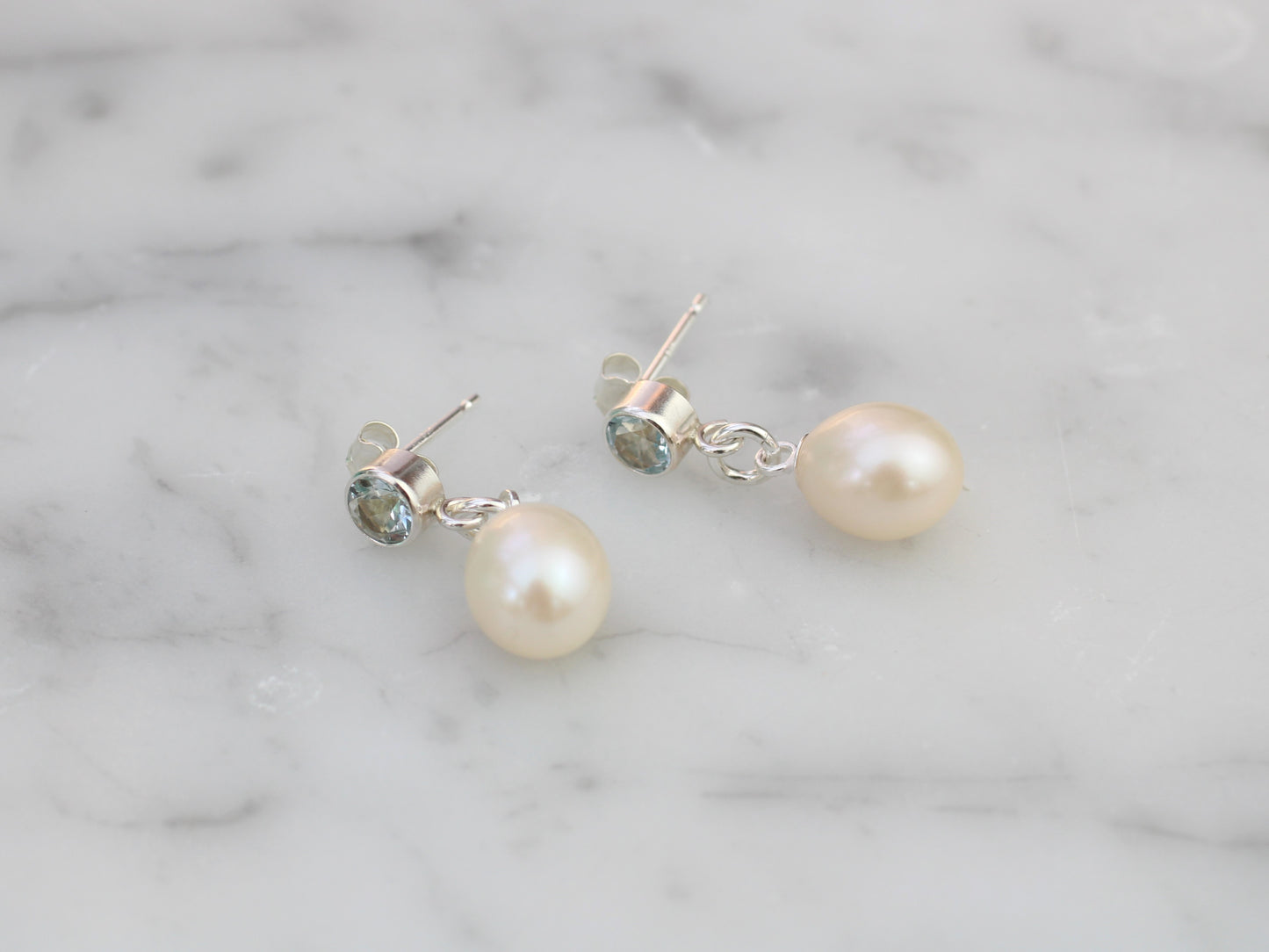 Blue topaz and pearl drop earrings. Something blue earrings.