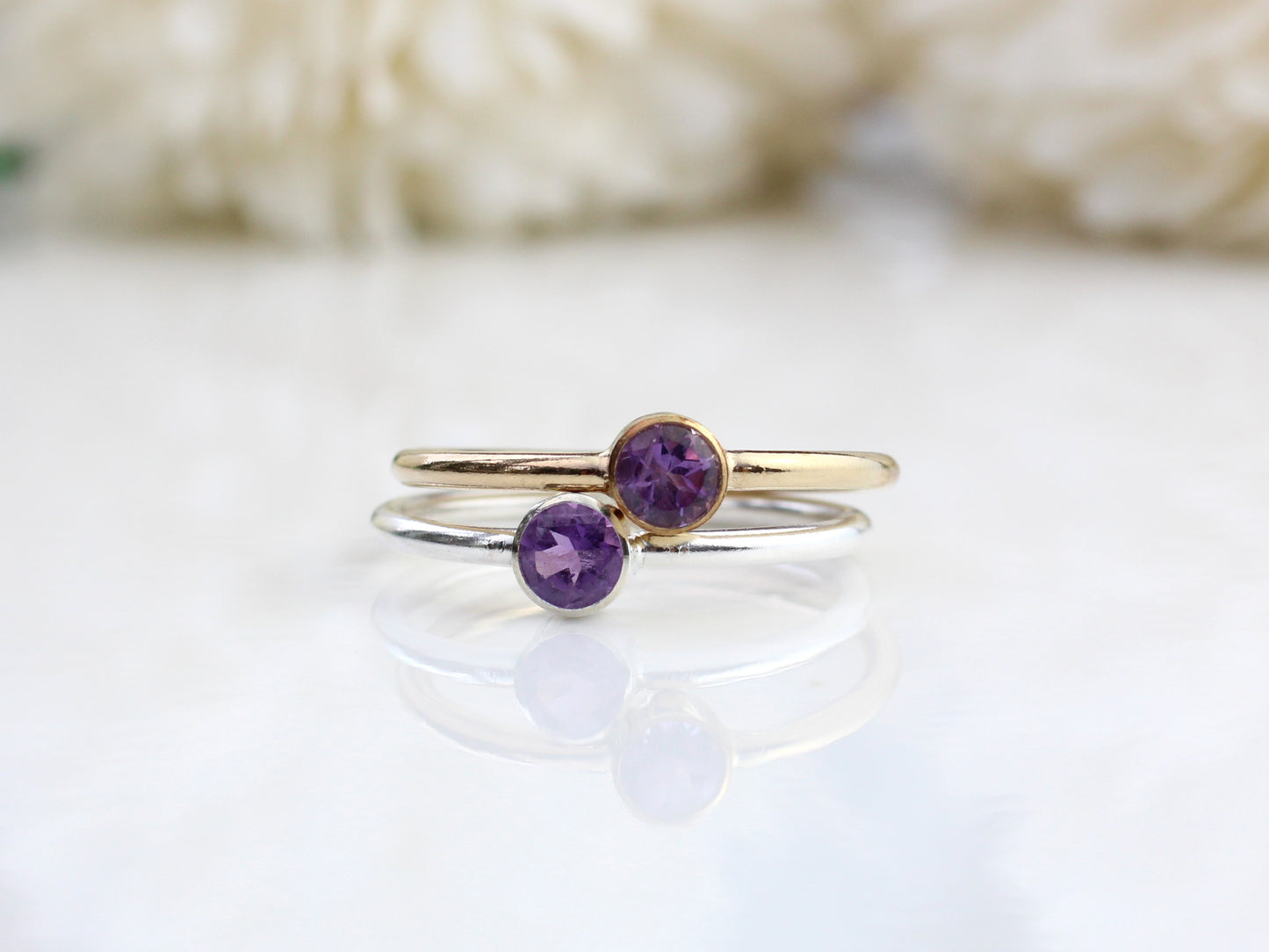 Amethyst ring in silver or gold. February birthstone ring.