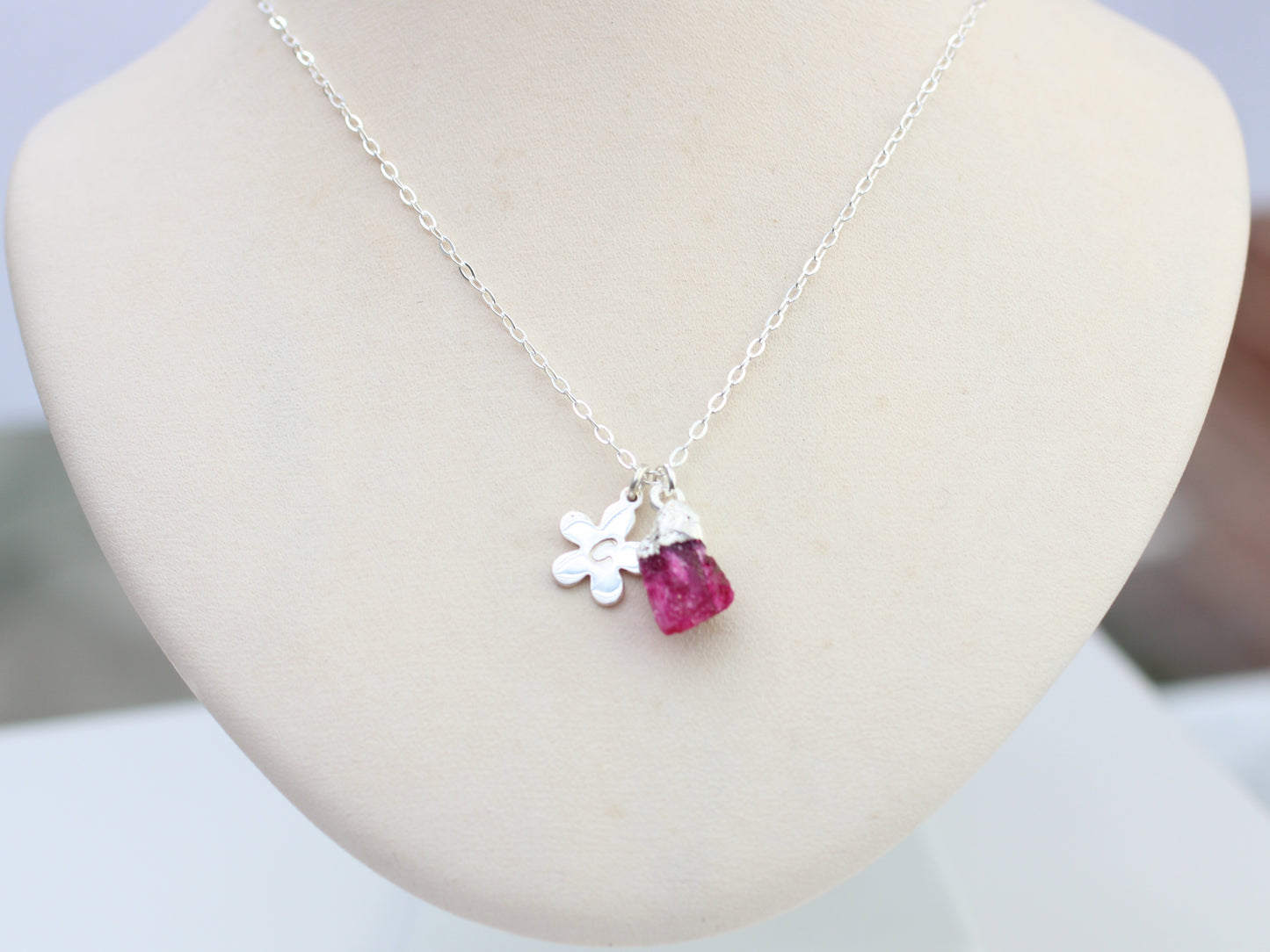 Personalised ruby necklace in sterling silver.