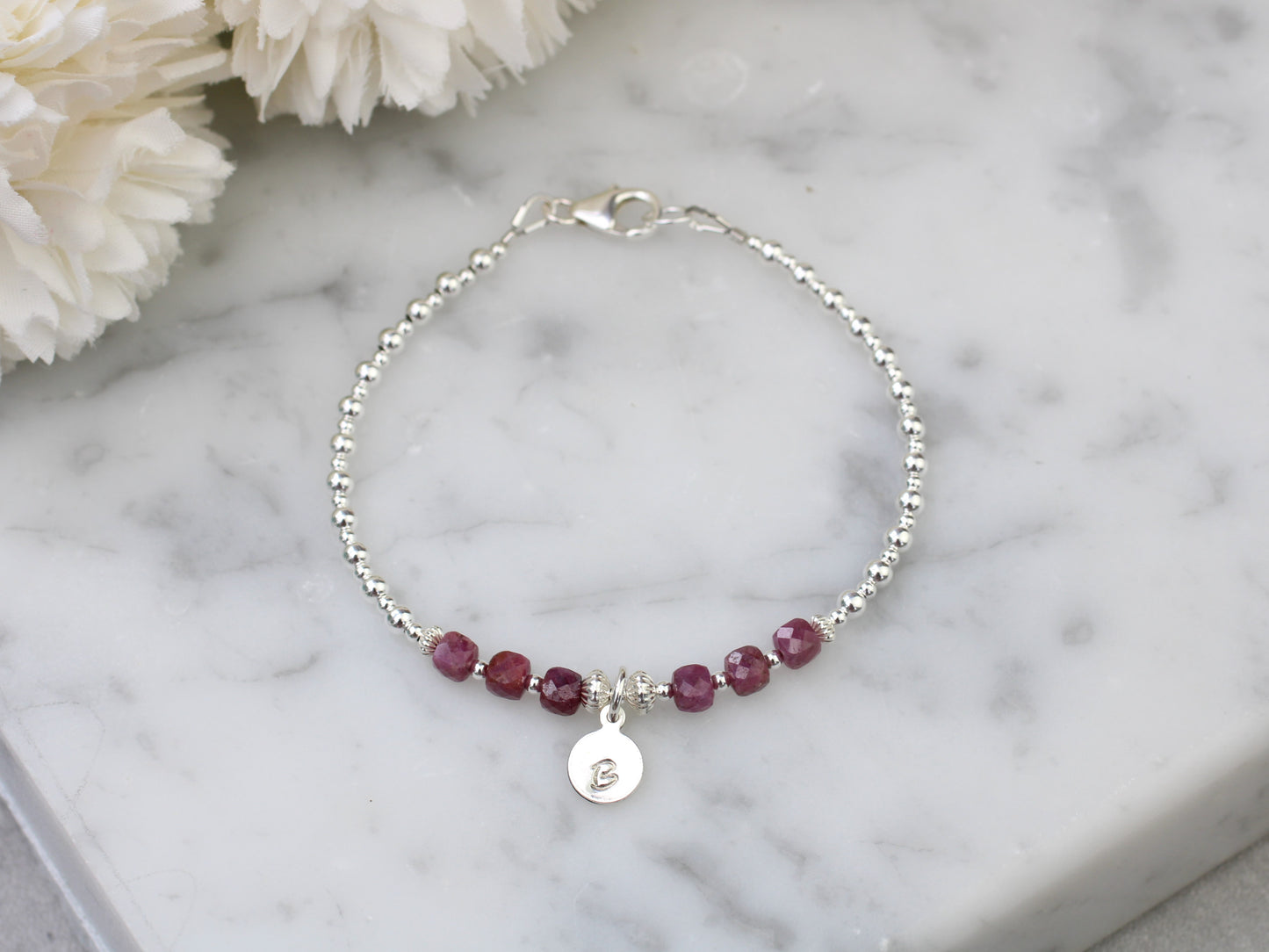 Ruby initial bracelet. July birthstone bracelet.