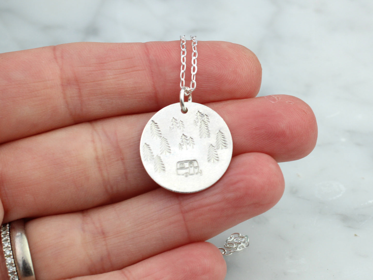 Forest camping necklace in sterling silver.