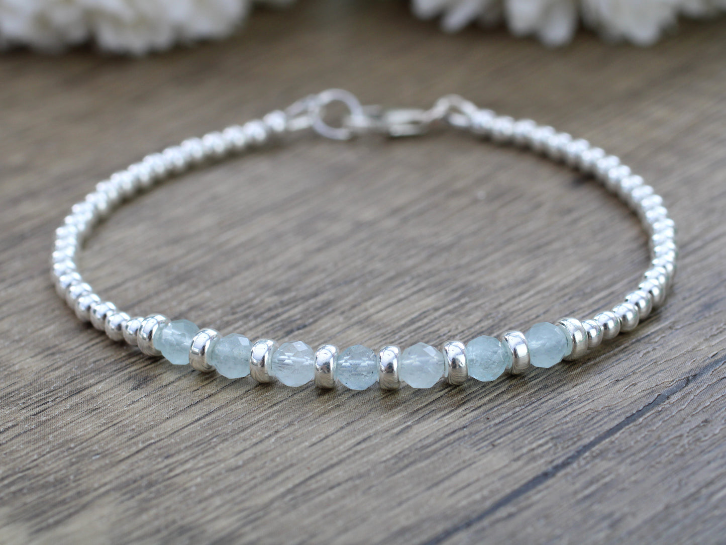 Aquamarine bracelet in silver. March birthstone bracelet.