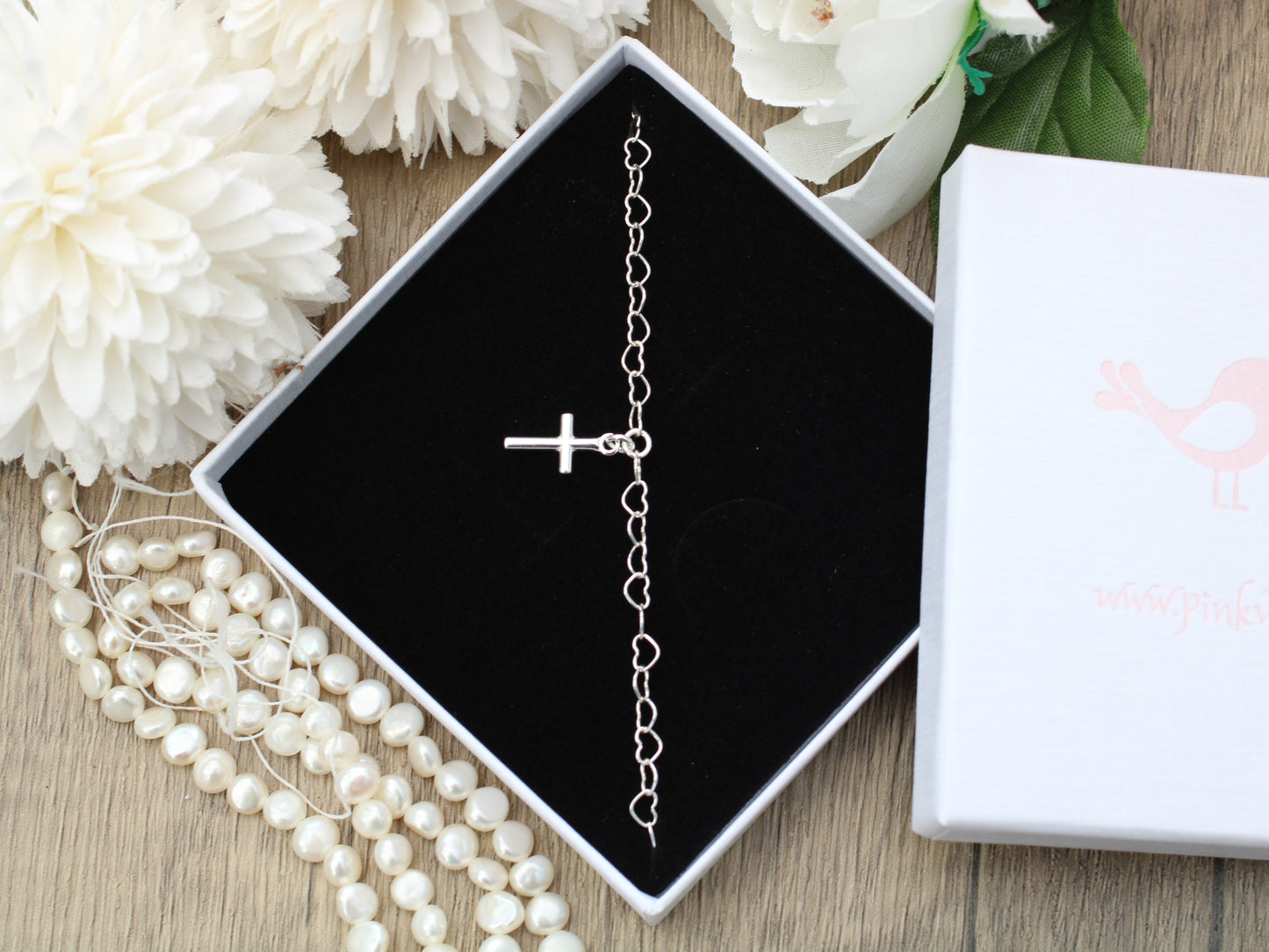 Heart chain bracelet with cross charm. Confirmation gift.