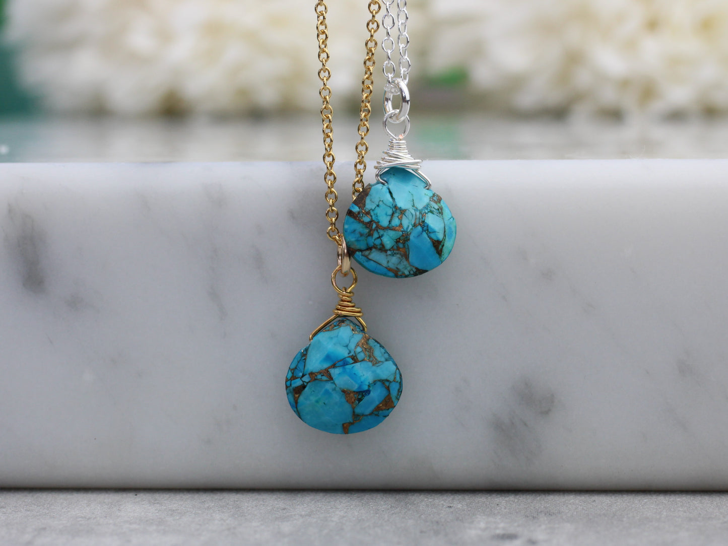 Turquoise necklace in sterling silver or gold.