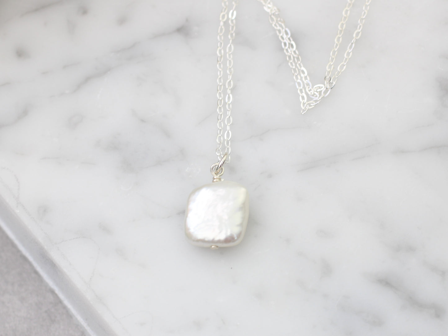 Square pearl necklace. June birthstone necklace.