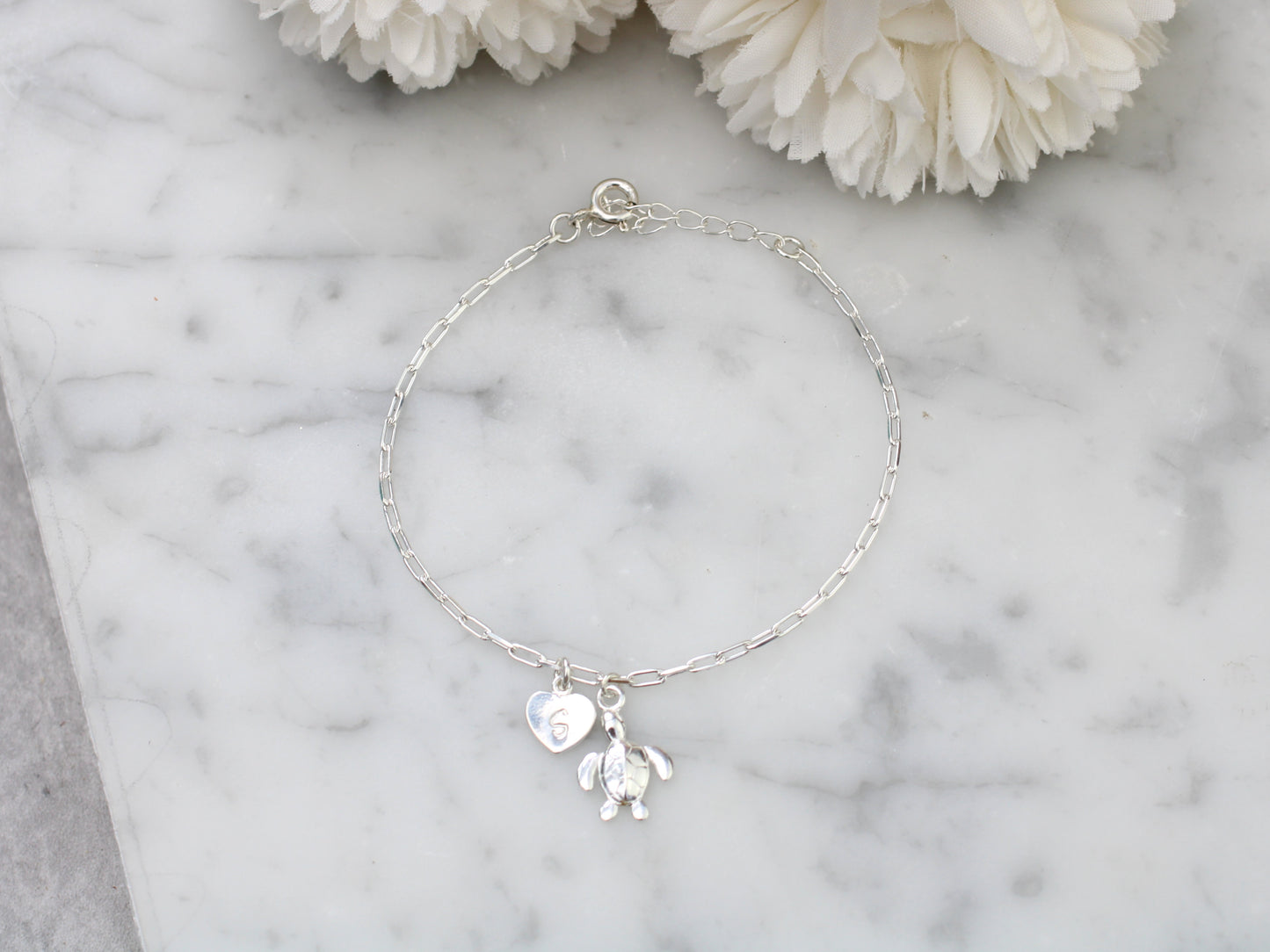 Personalised turtle bracelet in sterling silver.