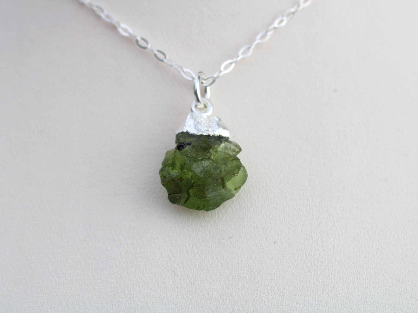 August birthstone necklace. Raw peridot necklace.