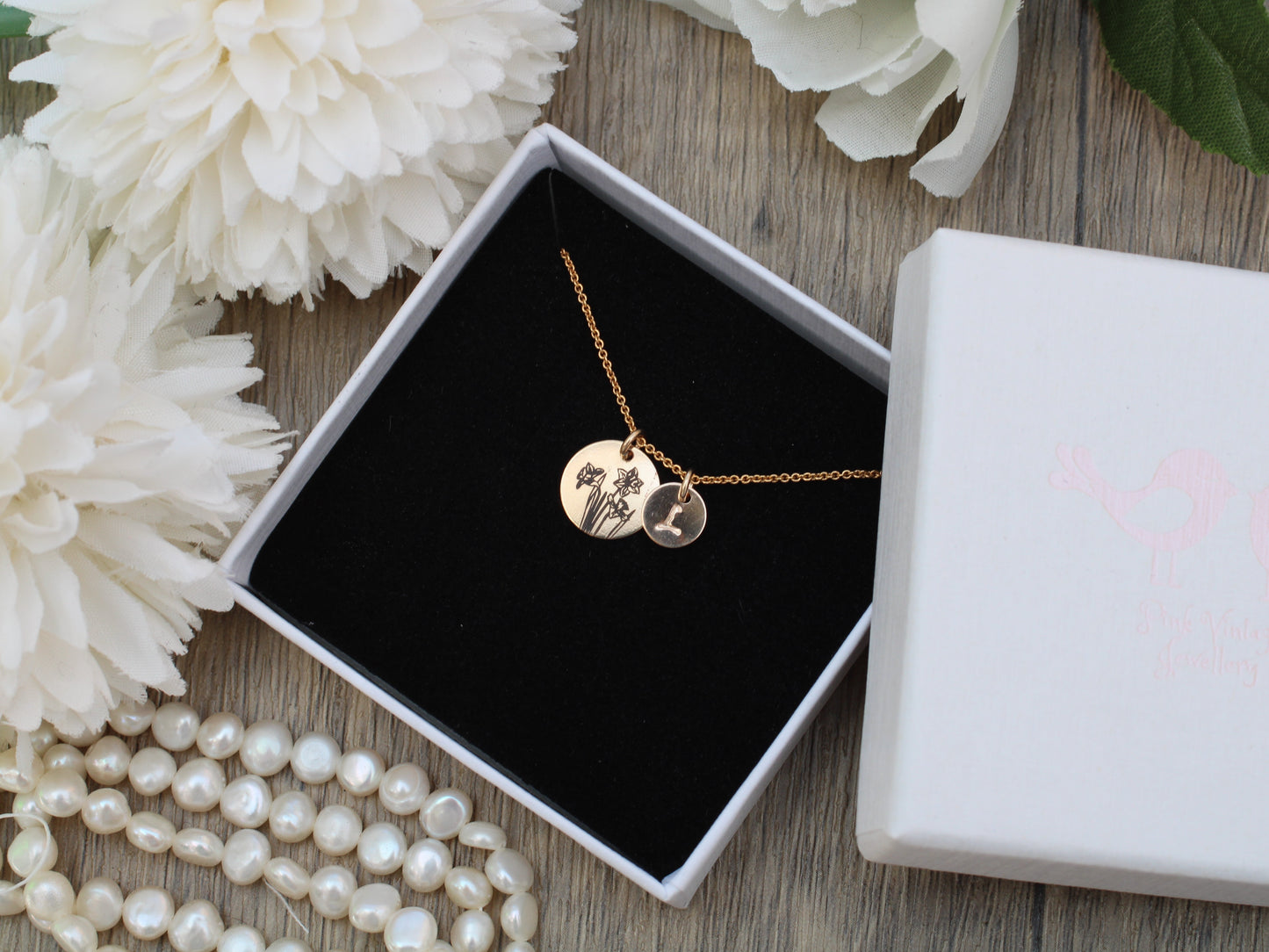 Personalised daffodil necklace in silver or gold.