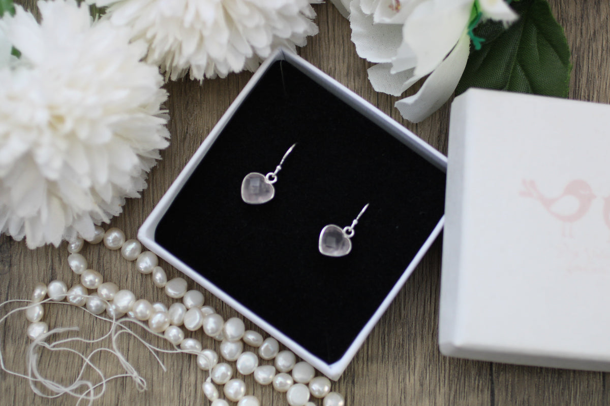 Rose Quartz Heart Earrings in Sterling Silver
