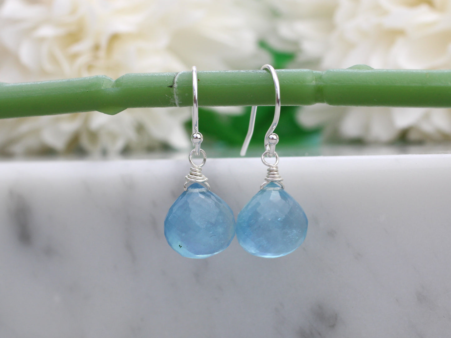 Aquamarine drop earrings in silver or gold.