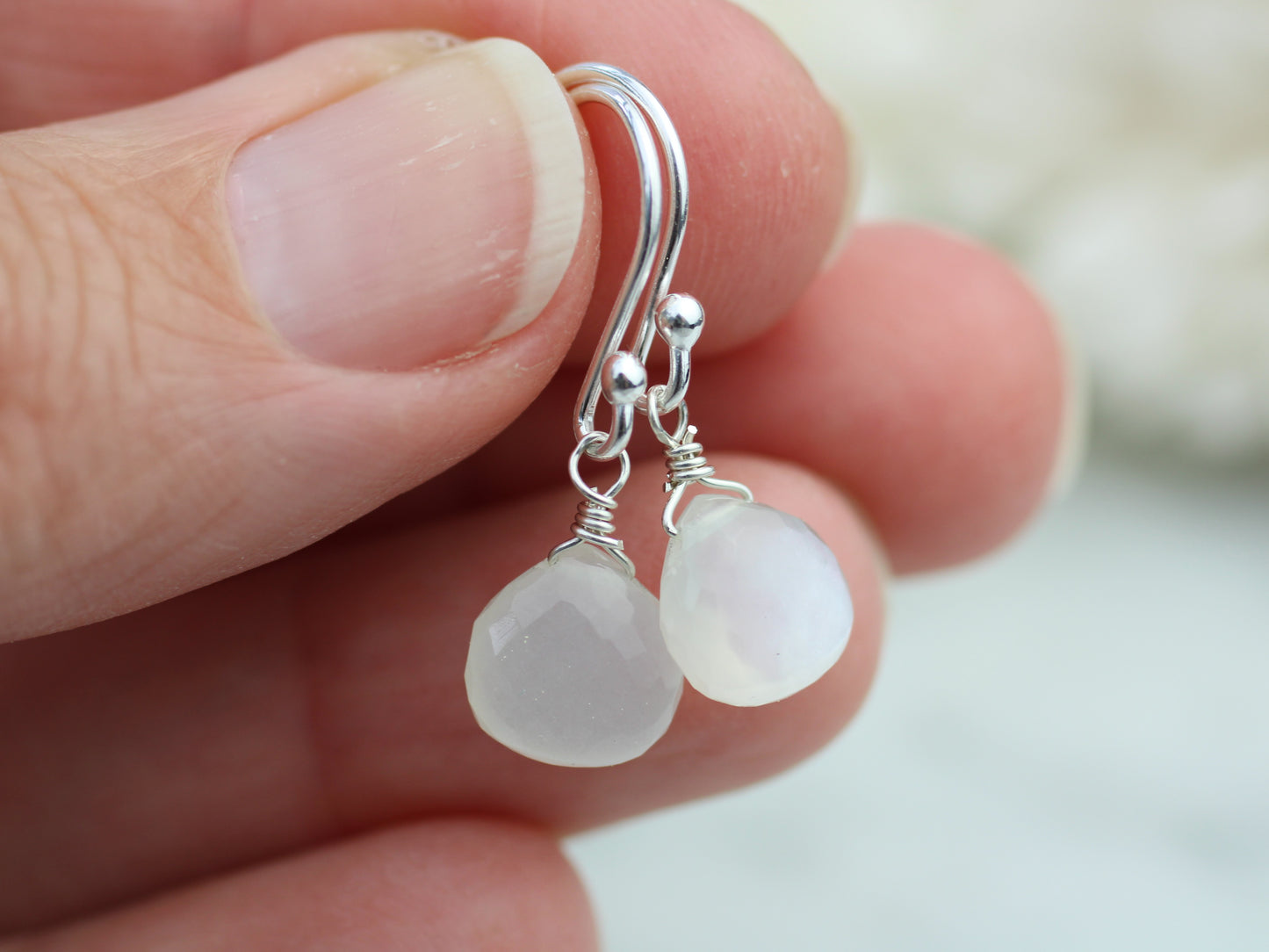 Moonstone drop earrings in silver or gold.