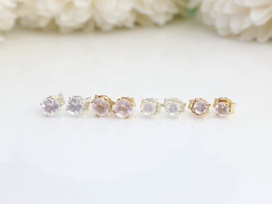Rose quartz stud earrings in silver or gold.