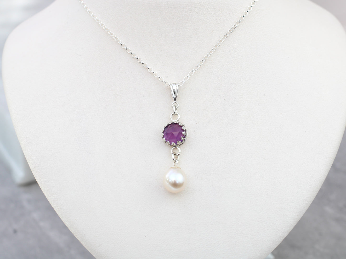Amethyst and pearl necklace. Ready to ship.