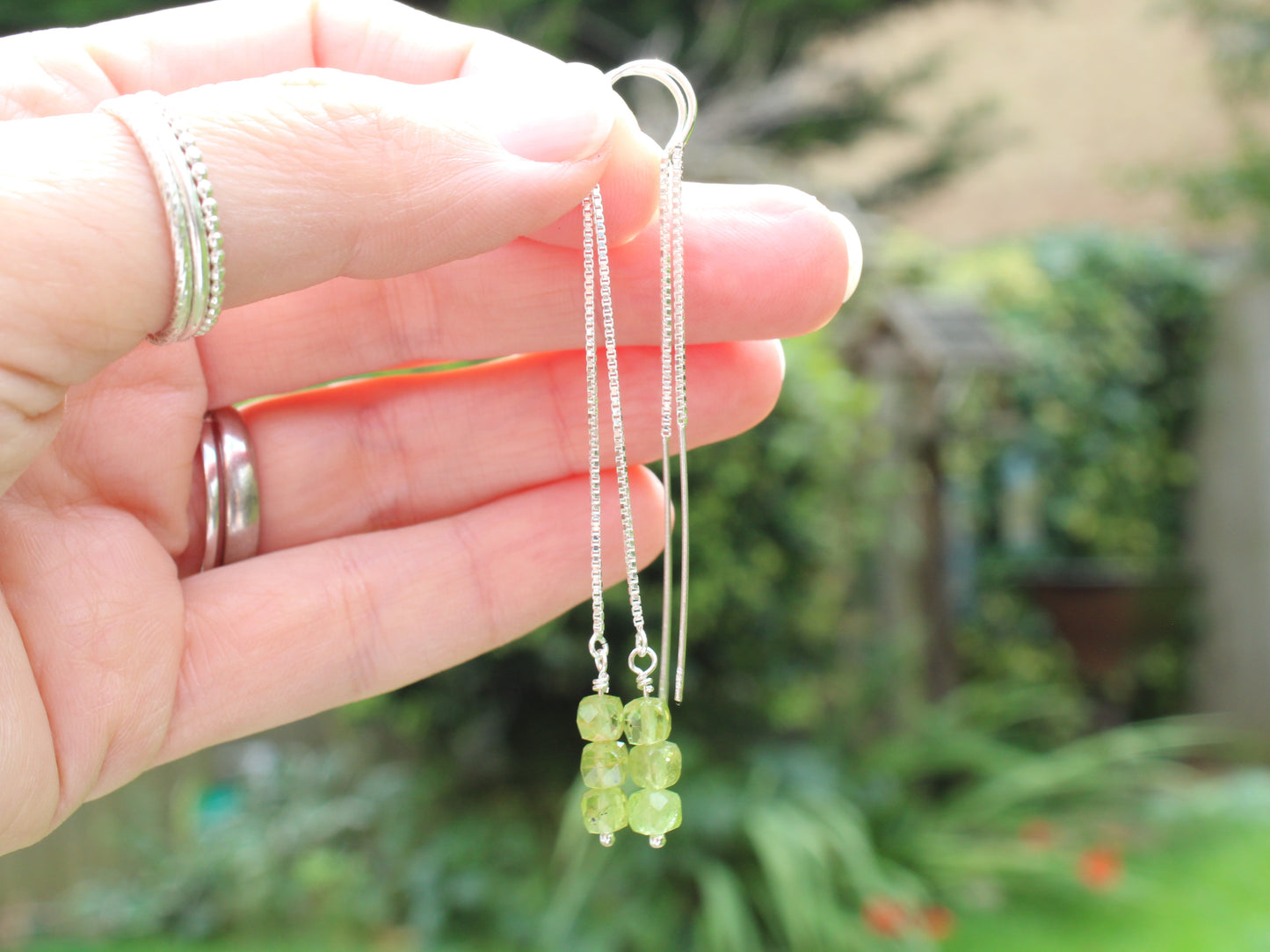 Peridot threader earrings. August birthstone earrings.