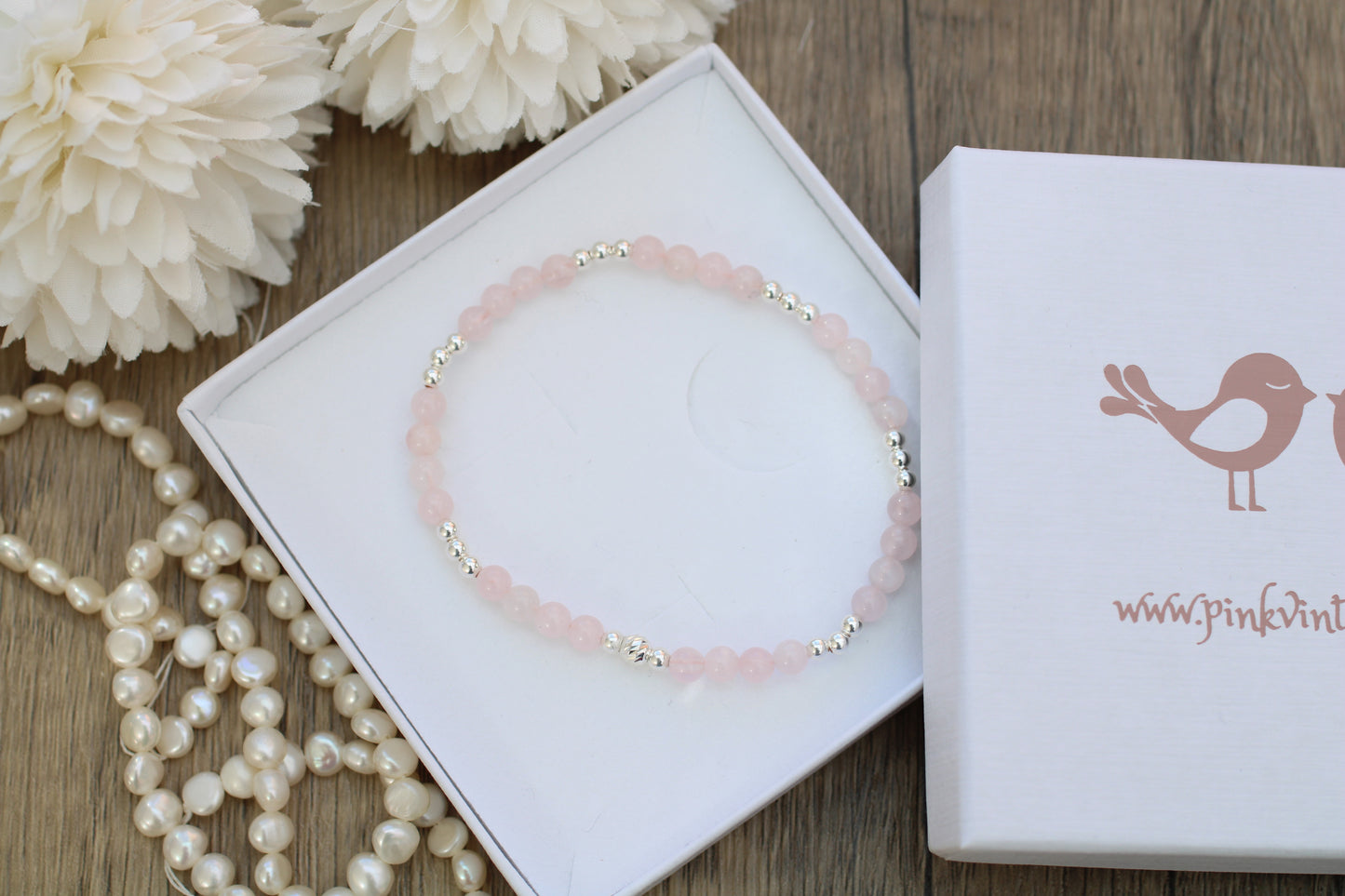 Madagascan Rose Quartz Bead Bracelet with Sterling Silver or Gold Filled | Natural Pink Gemstone Bracelet | Gift for Her