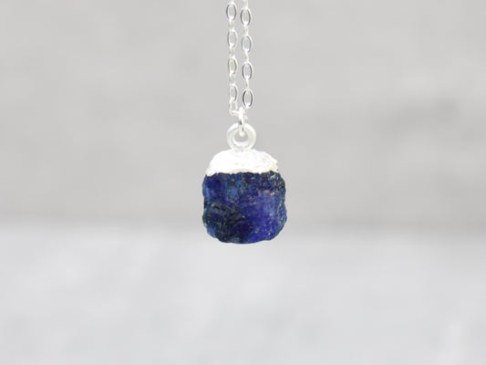 Raw sapphire necklace in sterling silver.
