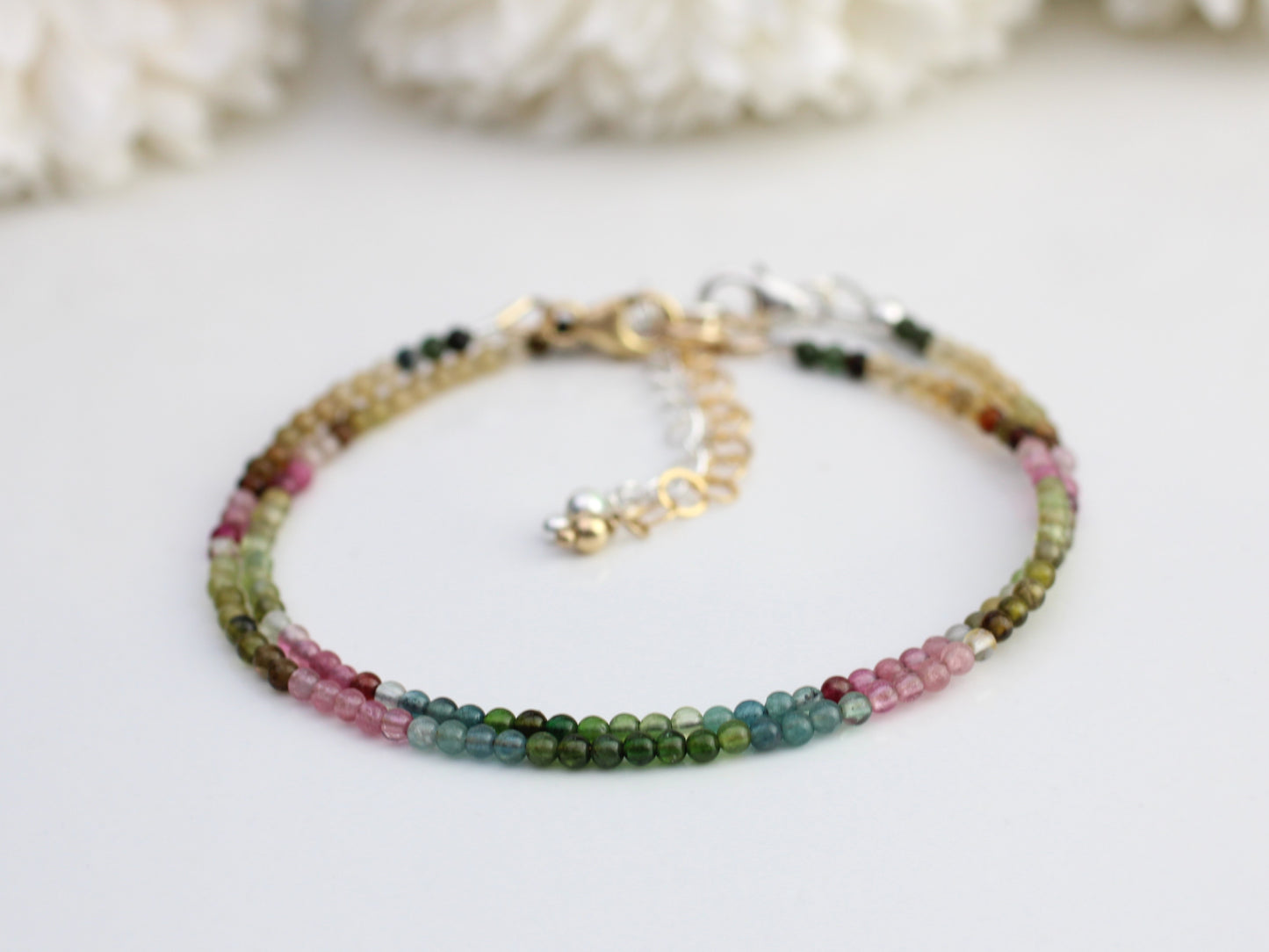 Skinny multi tourmaline bracelet in sterling silver or gold.