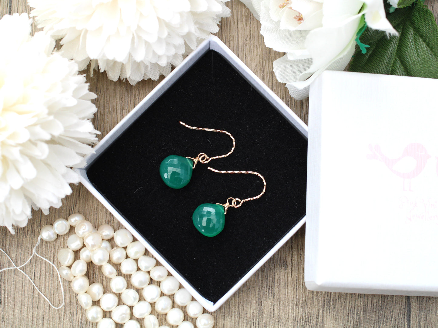 9ct gold May birthstone earrings. Green onyx earrings.