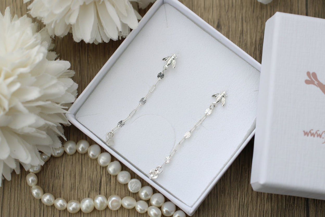 Sterling Silver Bee Ear Chain Earrings.