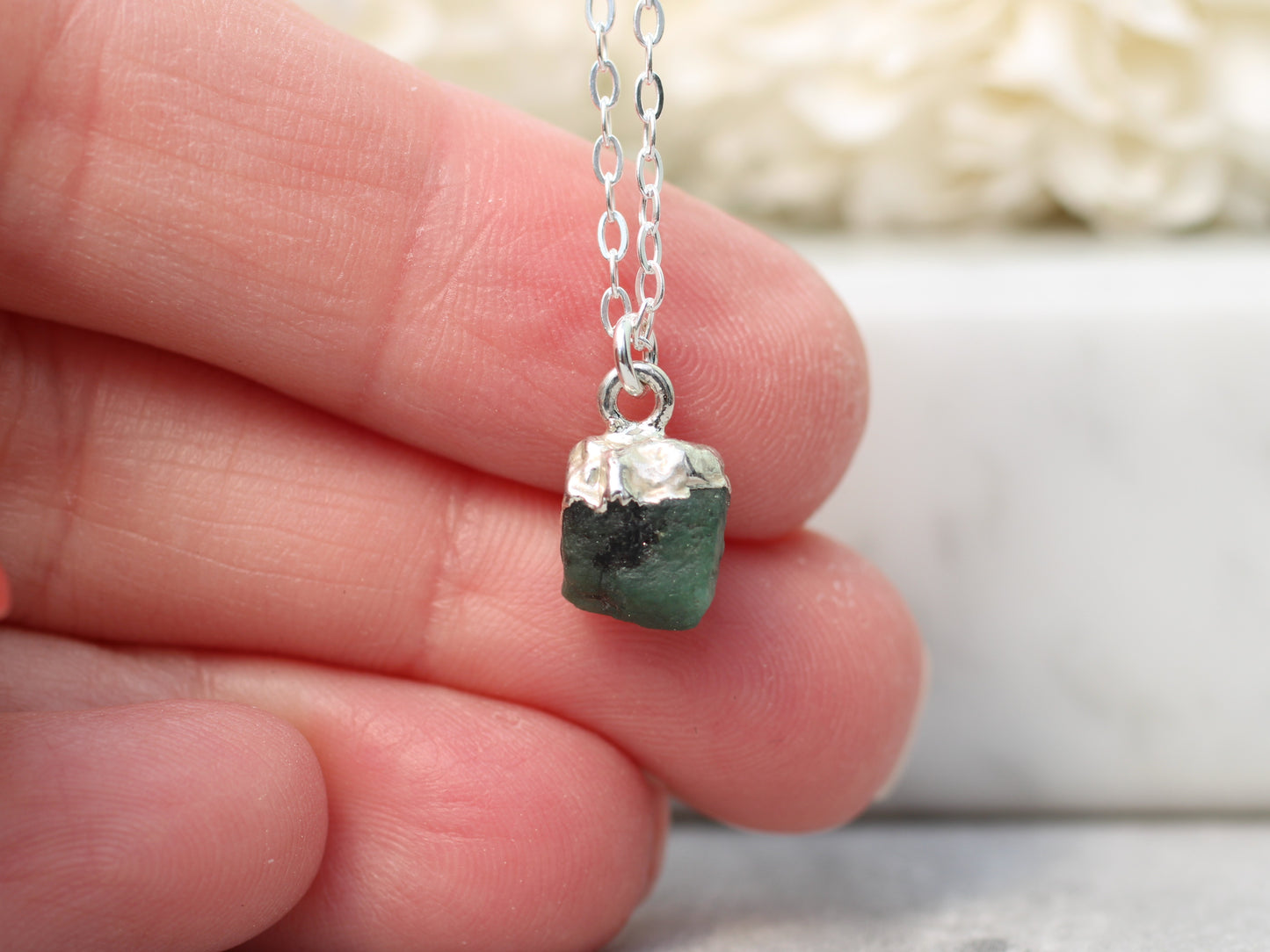 Raw emerald necklace. May birthstone necklace.
