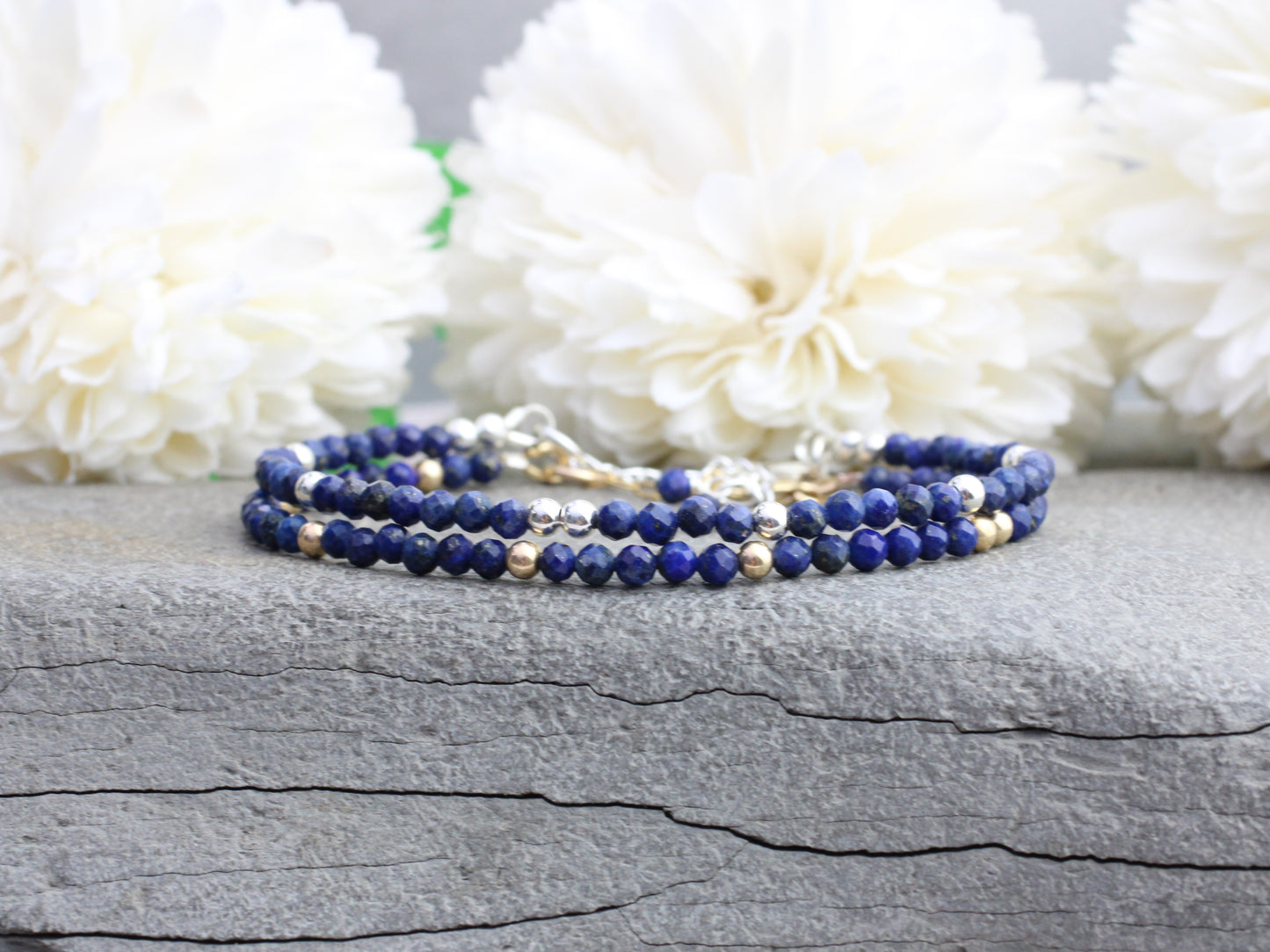 Lapis lazuli bracelet in sterling silver or gold filled metal. September birthstone bracelet.