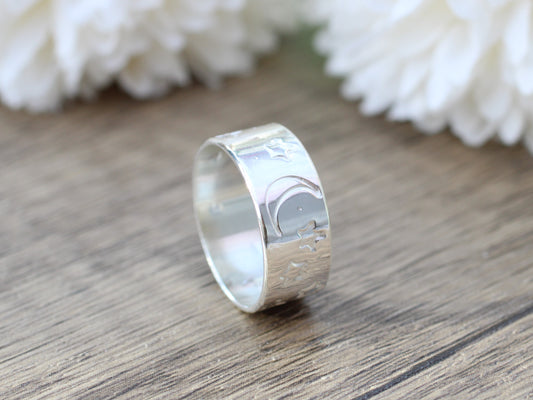 Sterling silver celestial ring made with recycled metal.