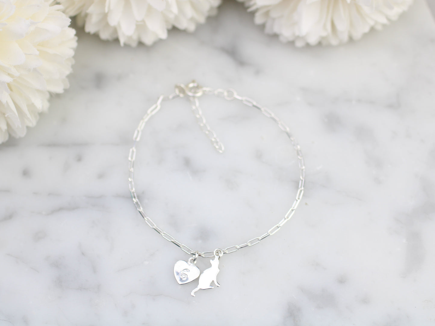 Personalised cat bracelet. Cat initial charm bracelet.