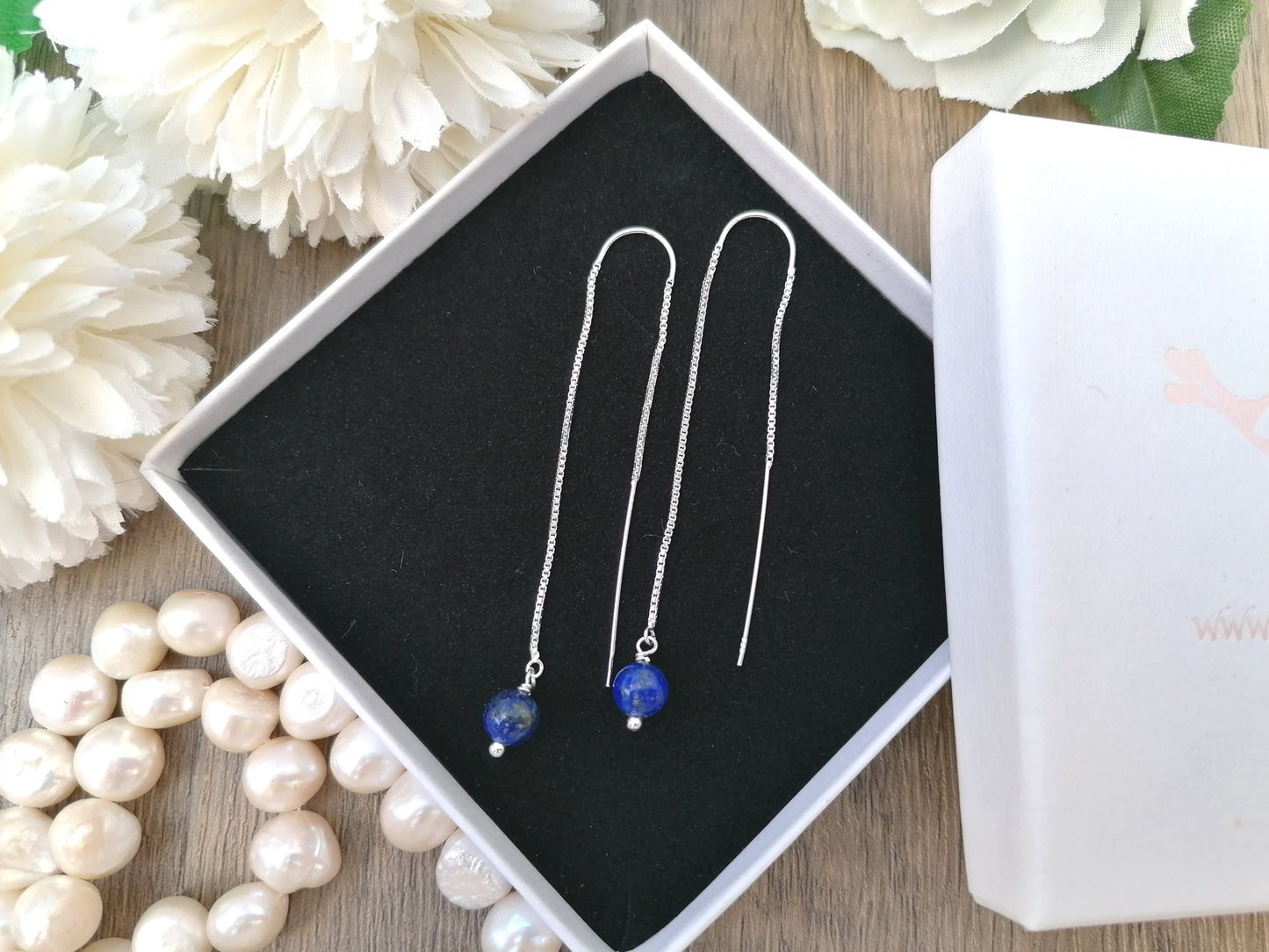 Lapis lazuli threader earrings in sterling silver.