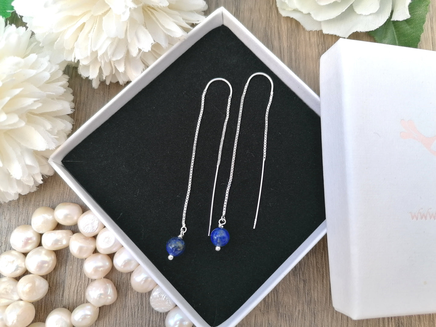 Lapis lazuli threader earrings in sterling silver. September birthstone earrings.