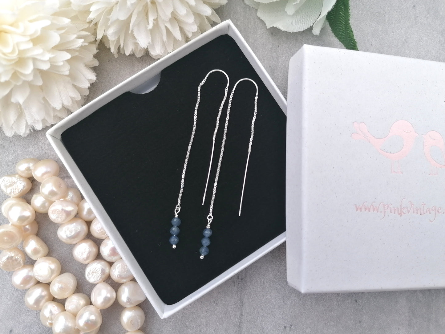 Sapphire threader earrings in sterling silver.