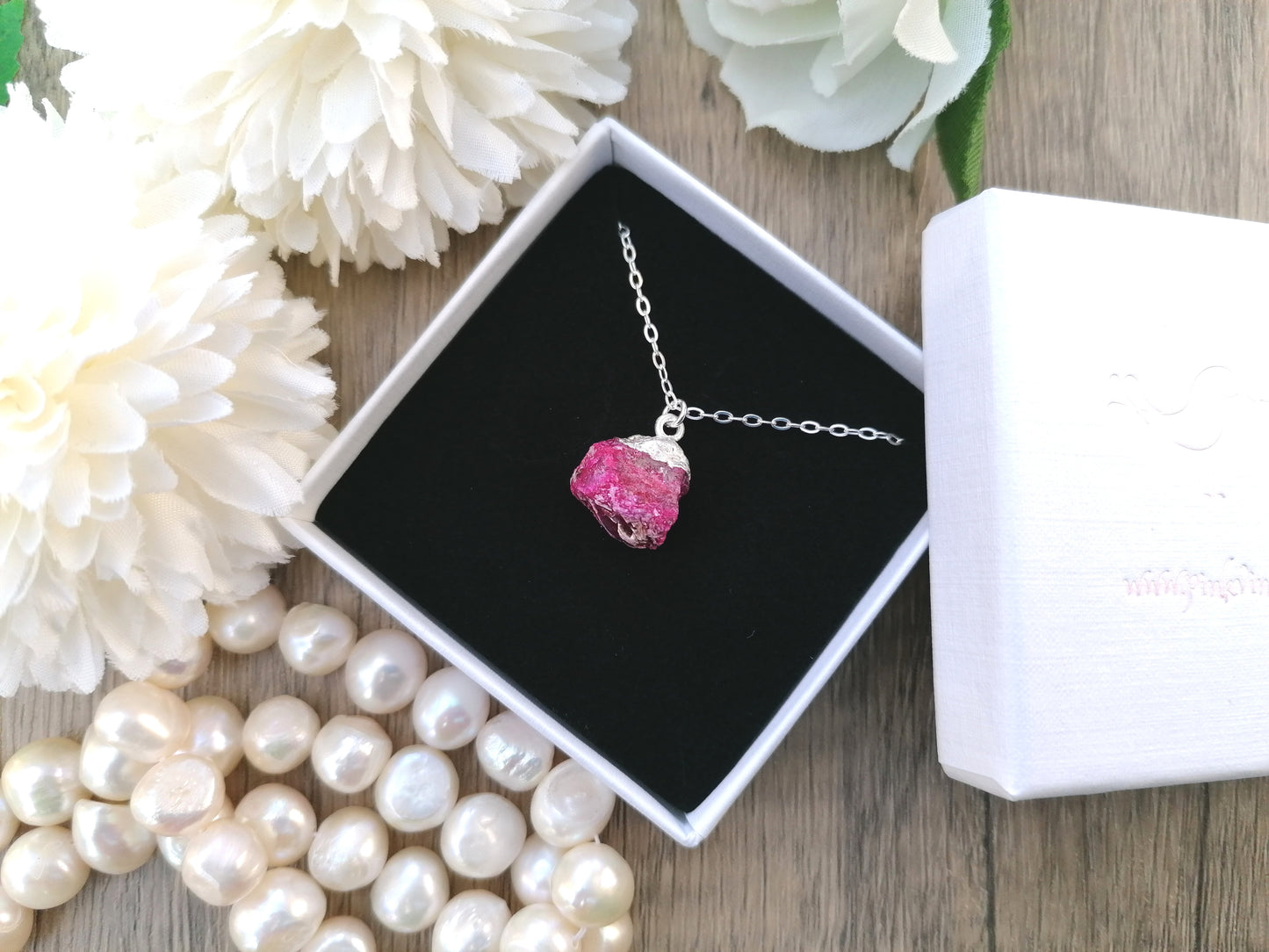 Raw ruby necklace in silver. July birthstone necklace.