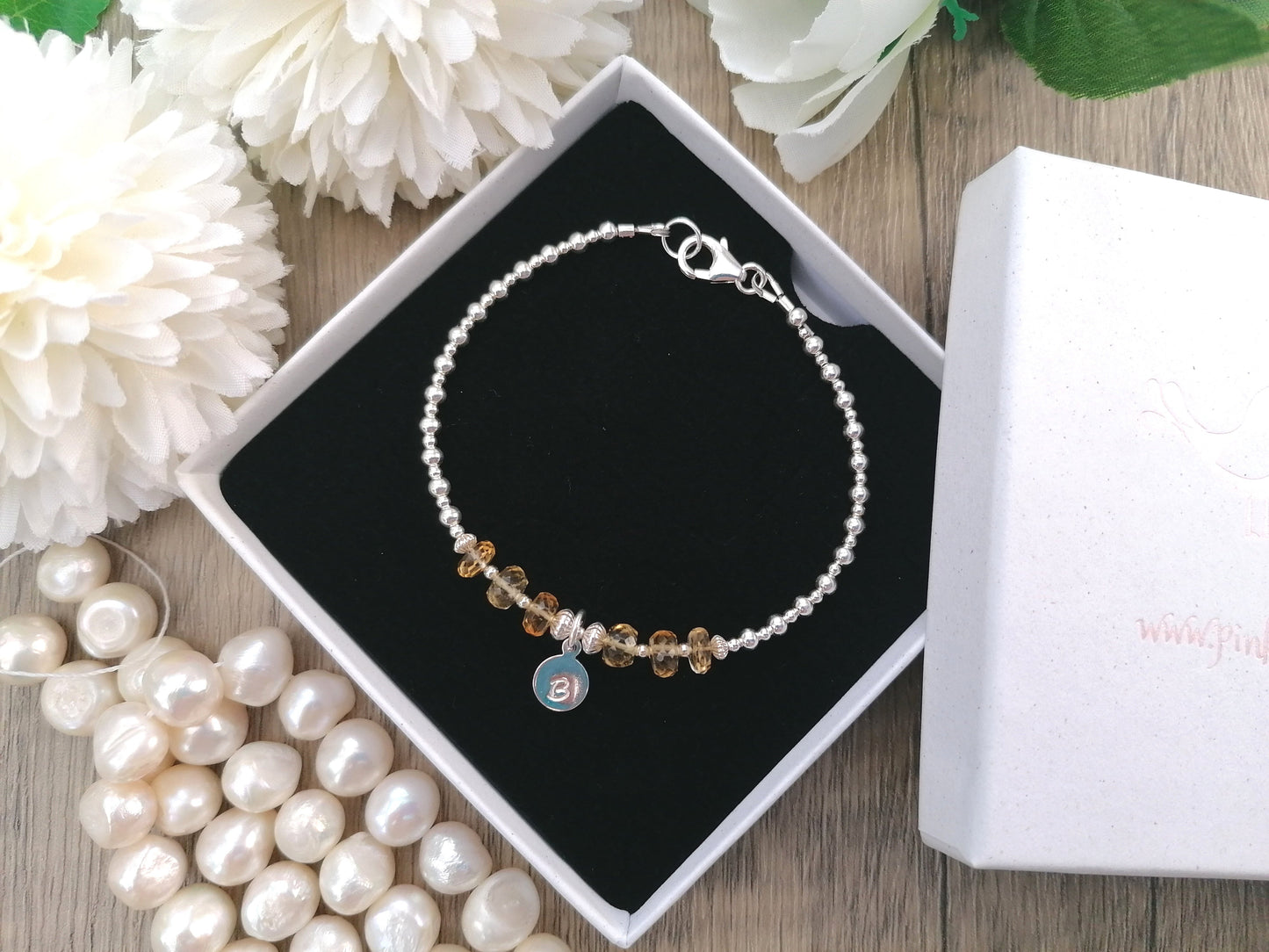Citrine initial bracelet. November birthstone bracelet.