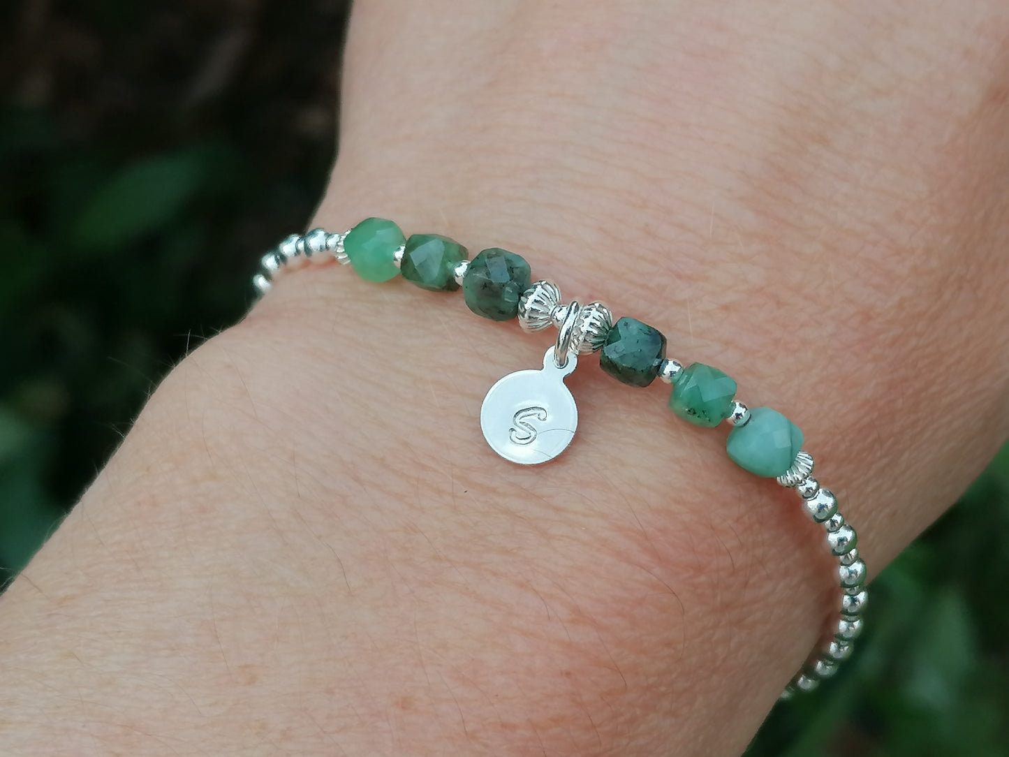 Emerald initial gemstone bracelet. May birthstone bracelet.