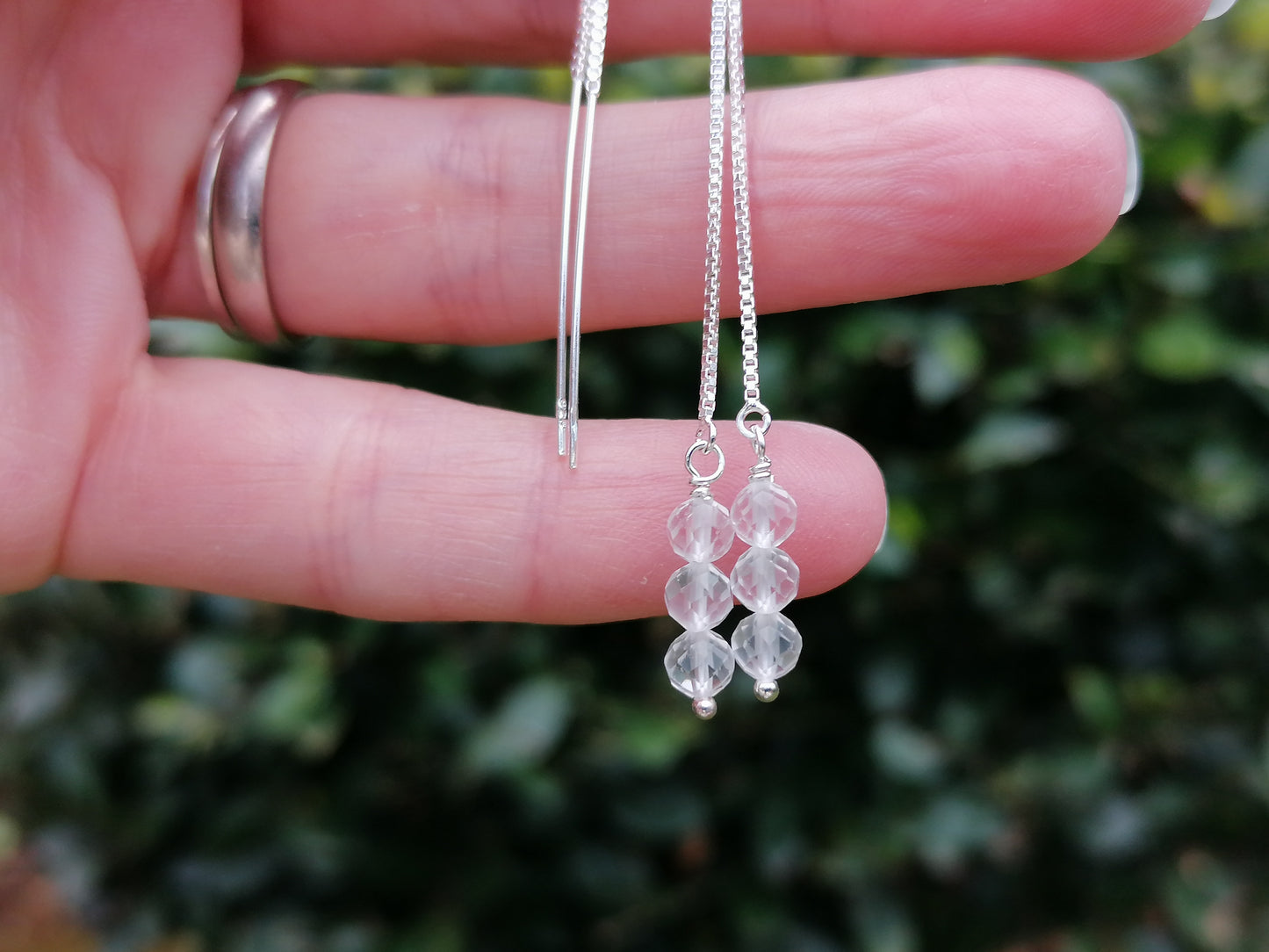 Crystal quartz threader earrings in sterling silver. April birthstone earrings.