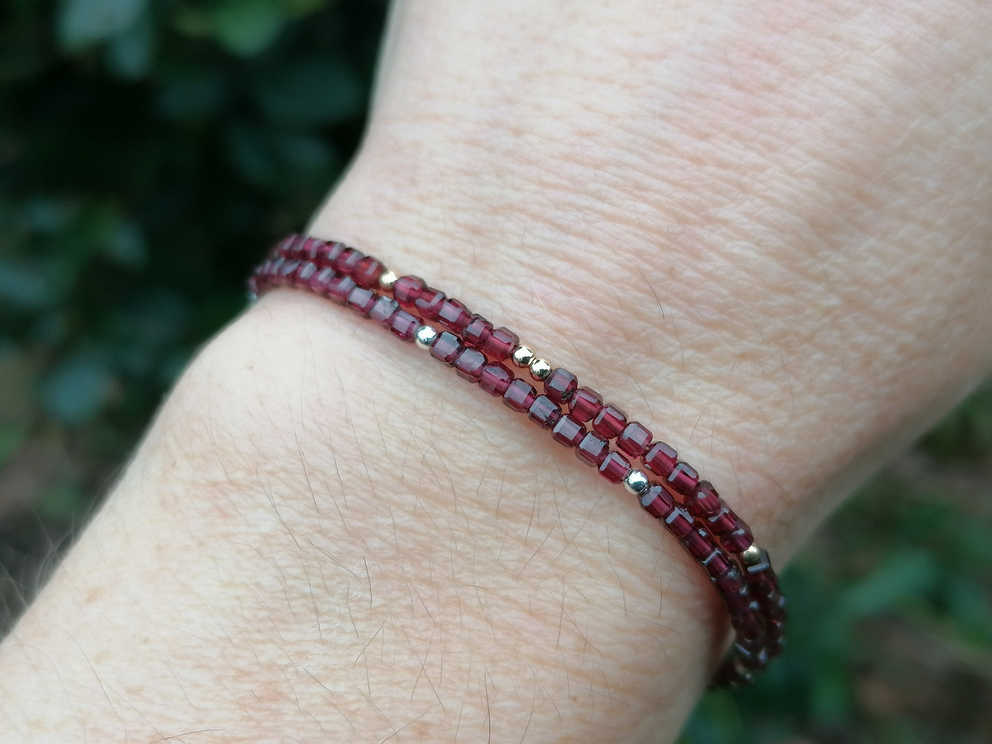 Skinny garnet bracelet in sterling silver or gold.