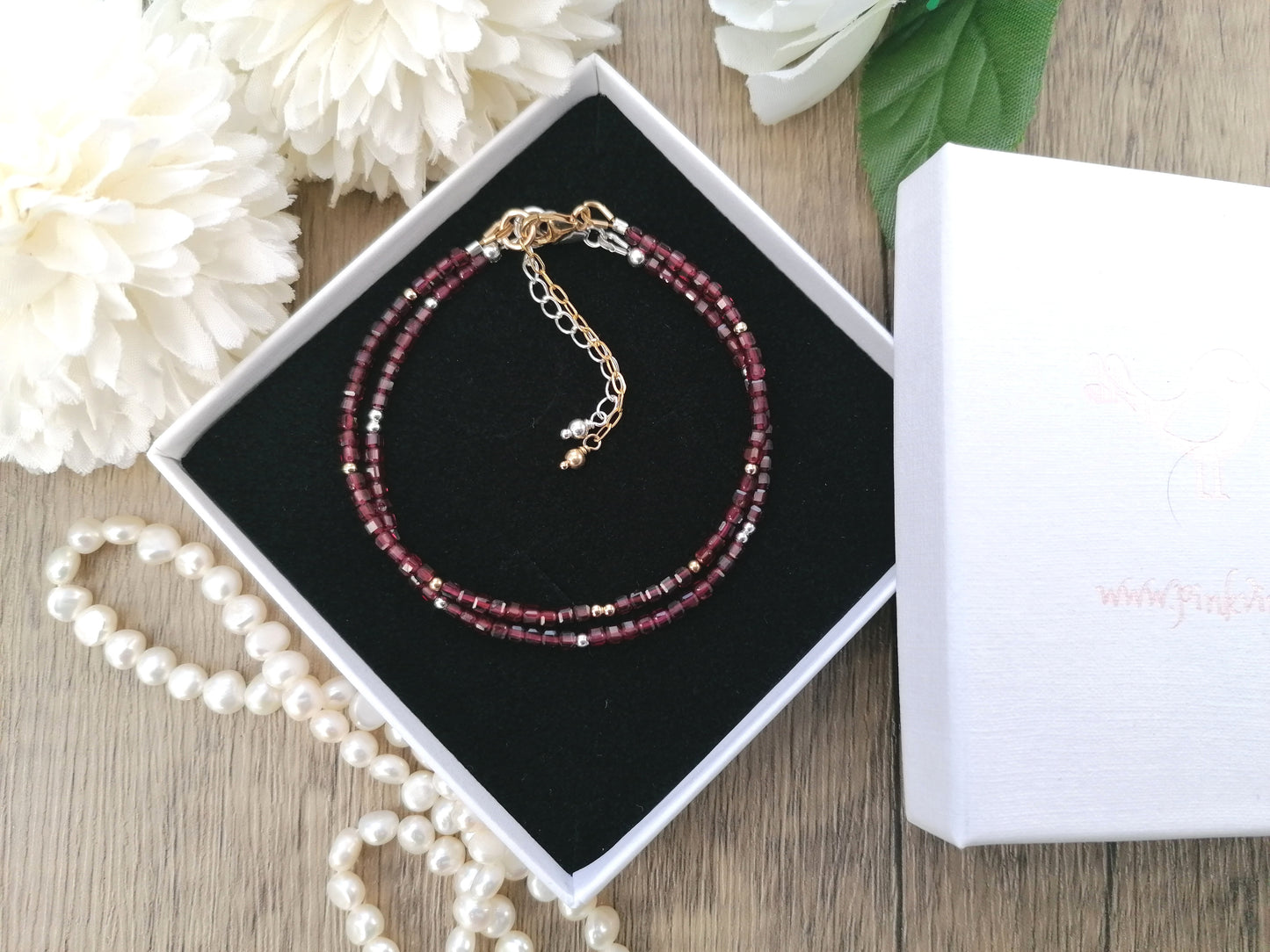 Skinny garnet bracelet in sterling silver or gold.