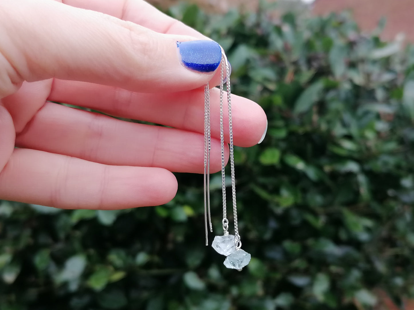 Aquamarine threader earrings in sterling silver.