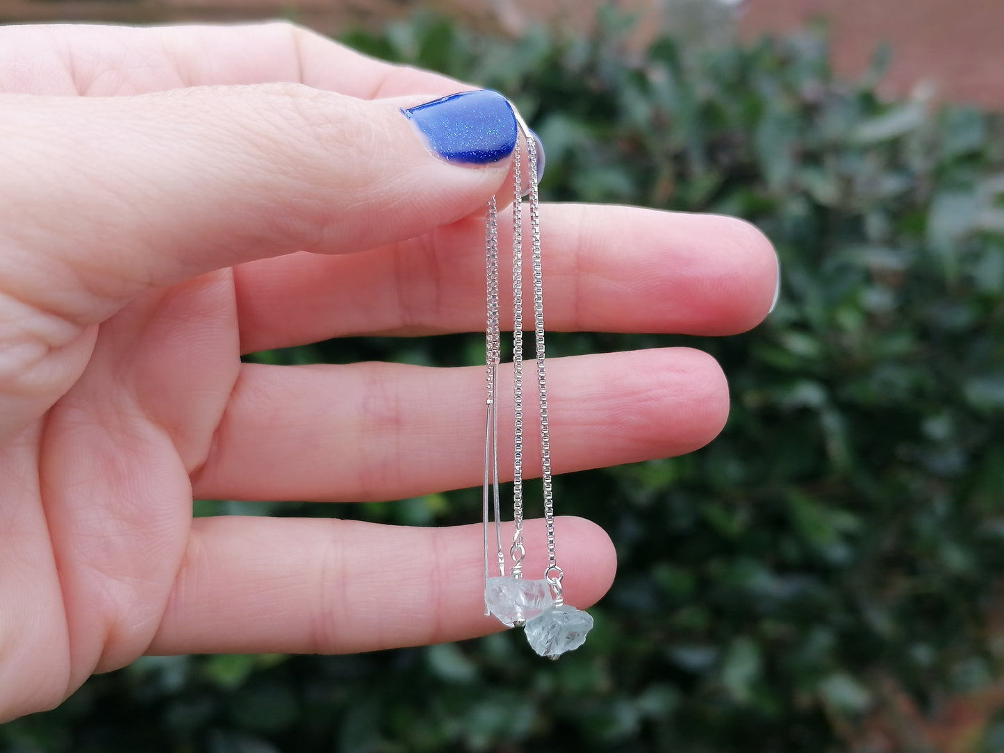Aquamarine threader earrings in sterling silver.