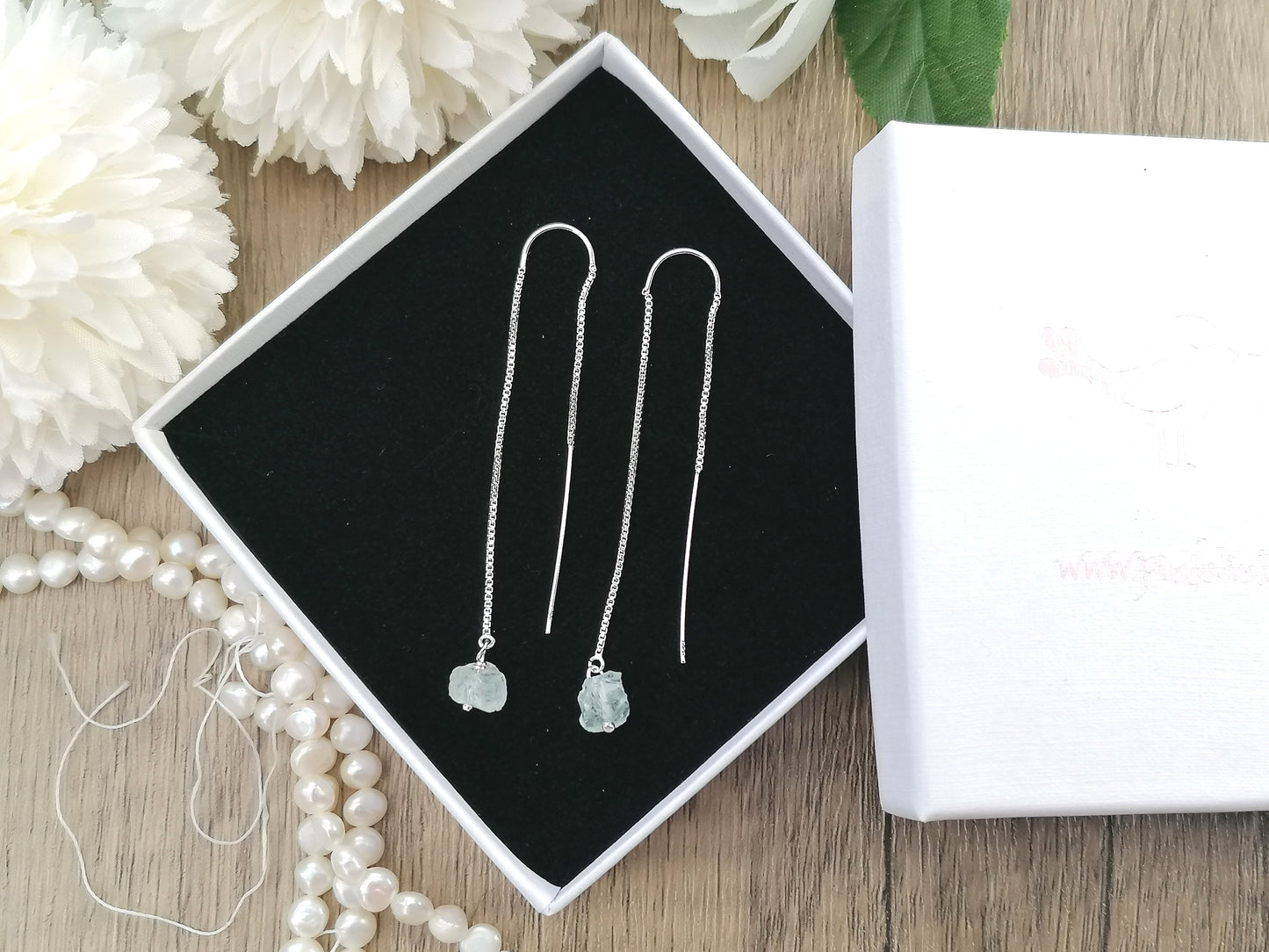 Aquamarine threader earrings in sterling silver.