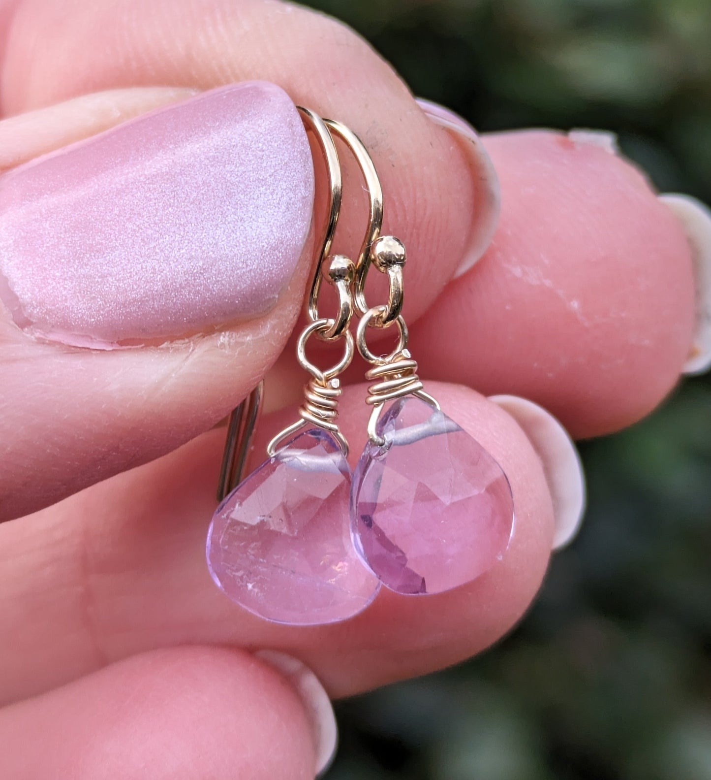 Amethyst drop earrings in silver or gold.