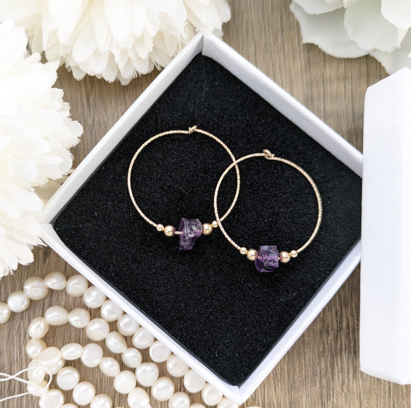 Raw amethyst hoop earrings in sterling silver or gold.