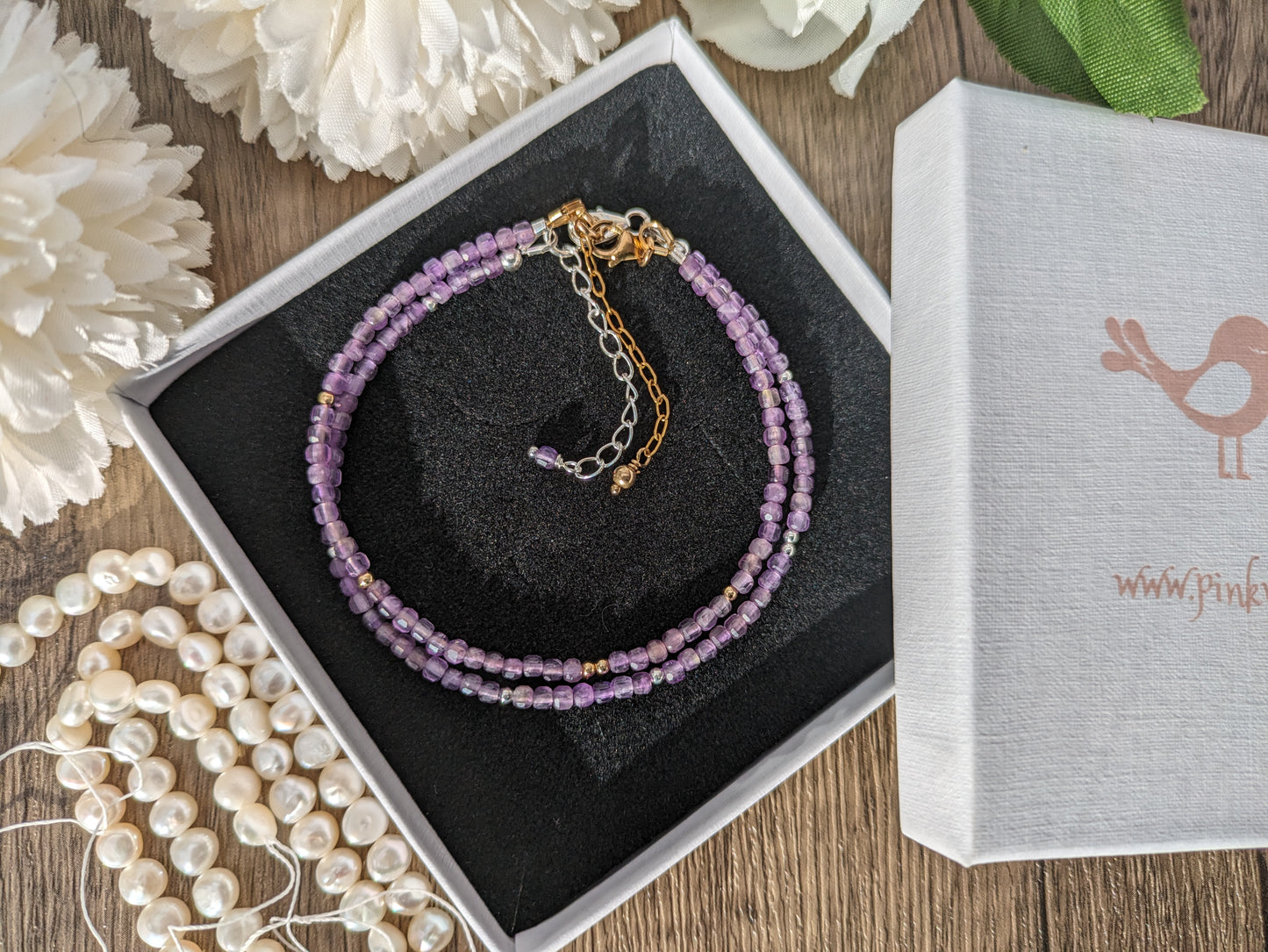 Skinny amethyst bracelet in silver or gold.