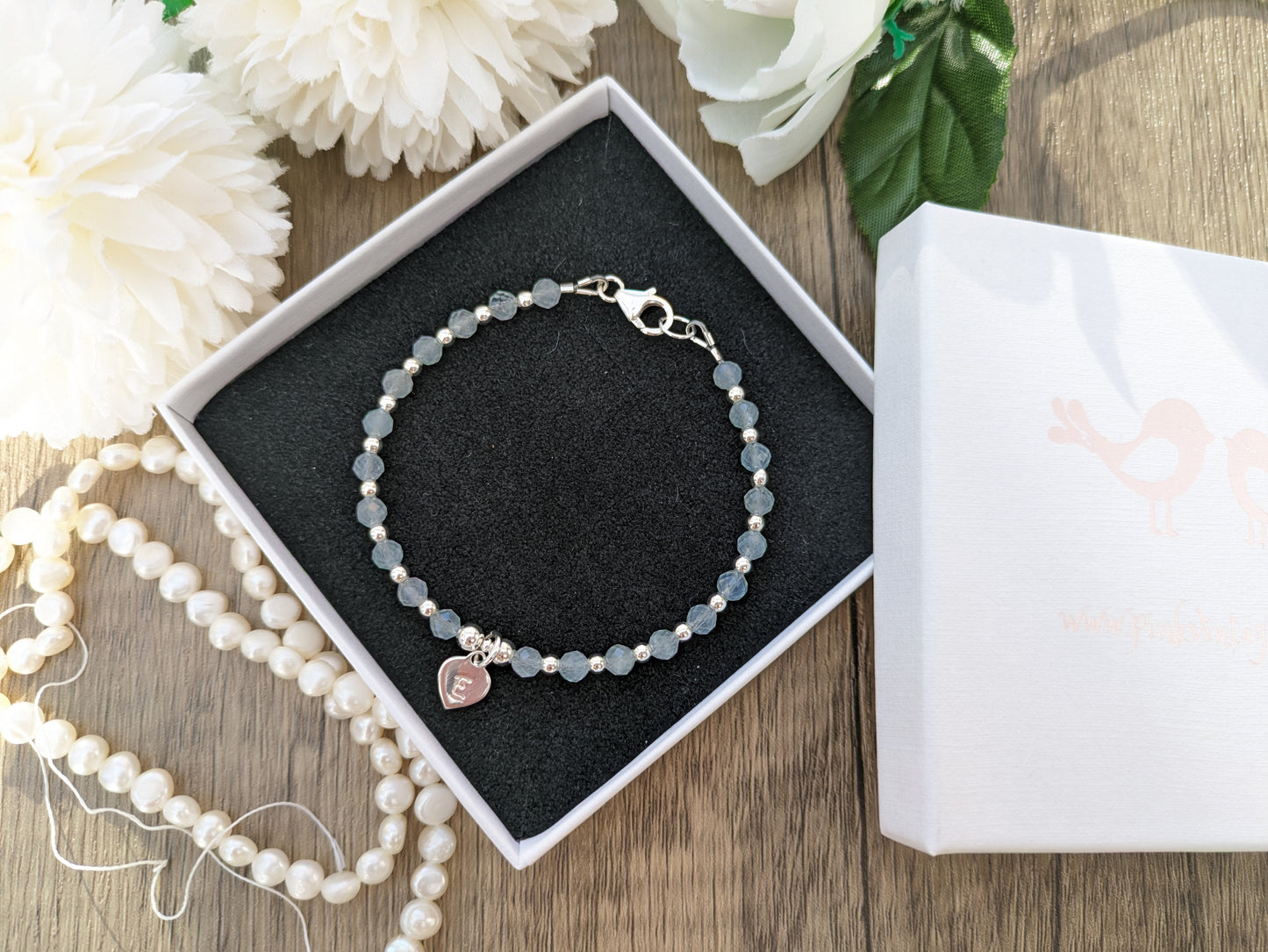 Aquamarine initial bracelet. March birthstone bracelet.