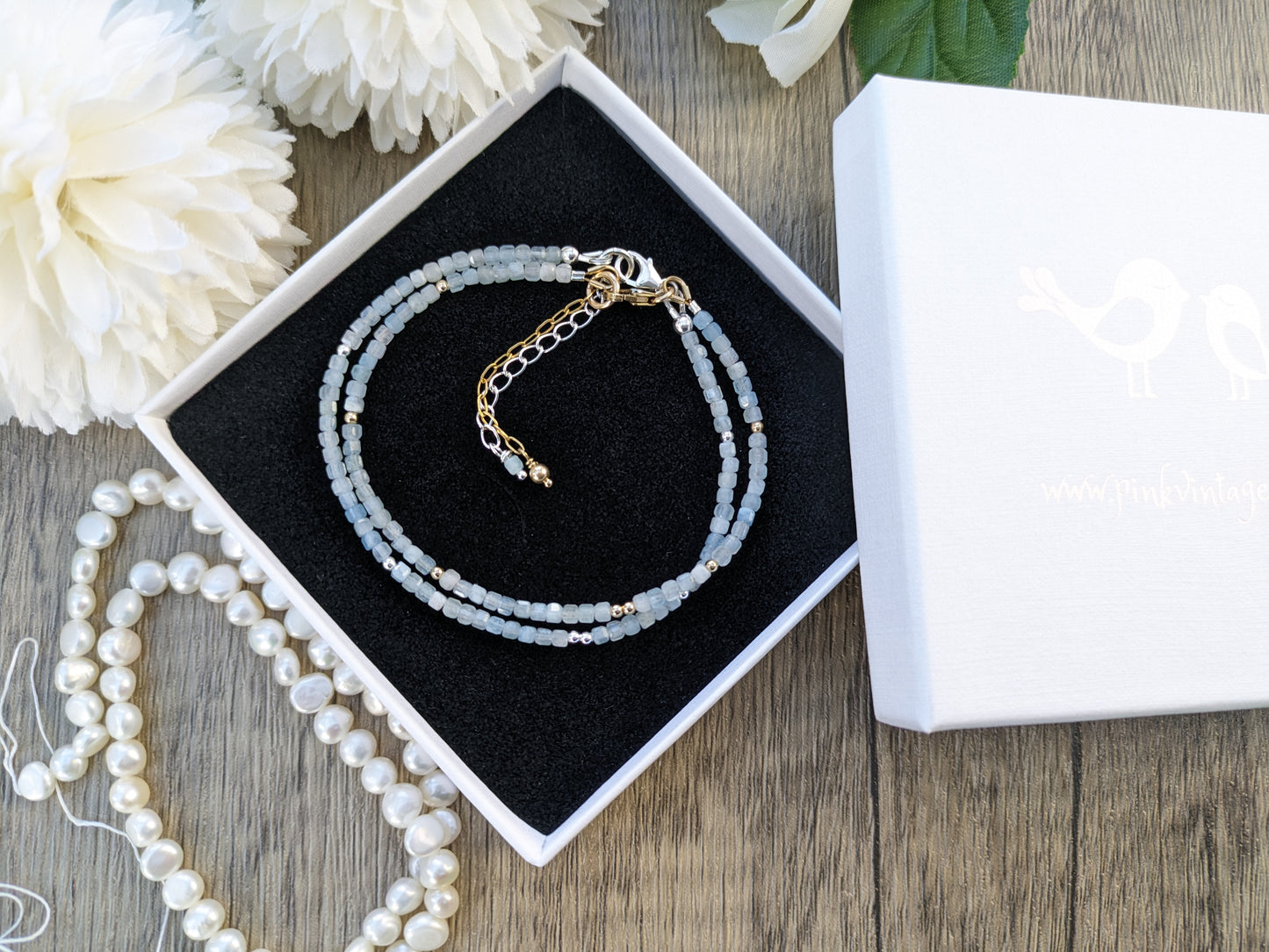 Skinny aquamarine bracelet in silver or gold.