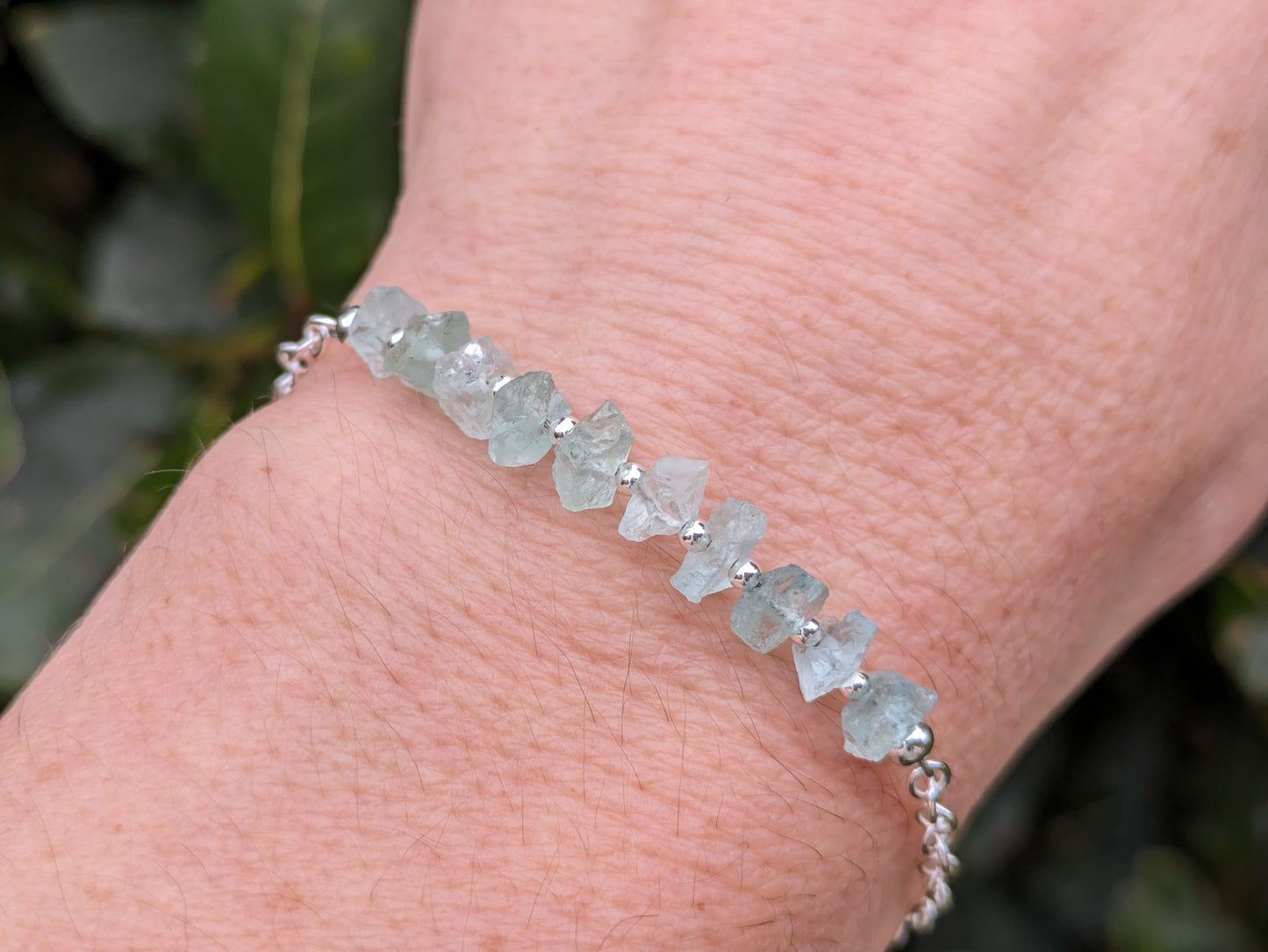 Raw aquamarine adjustable bracelet in sterling silver.