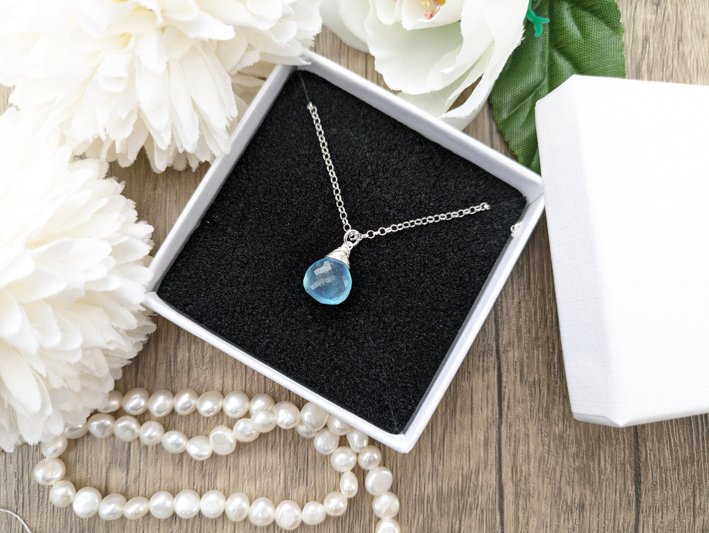 Aquamarine drop necklace in silver or gold.